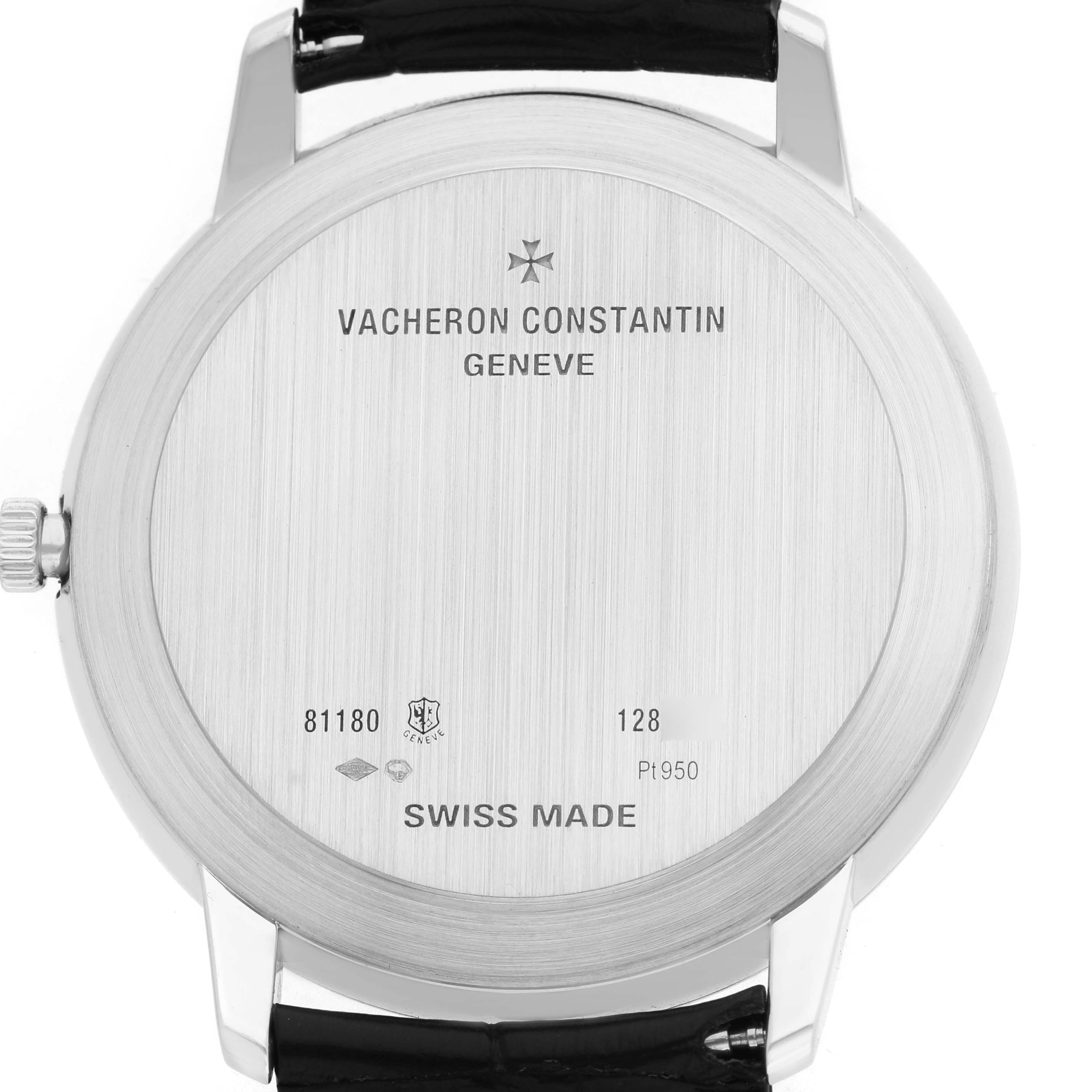 The image shows the back of the Vacheron Constantin Patrimony 81180/000P-9539 Men's Platinum Grey Dial watch, highlighting the case back and markings.