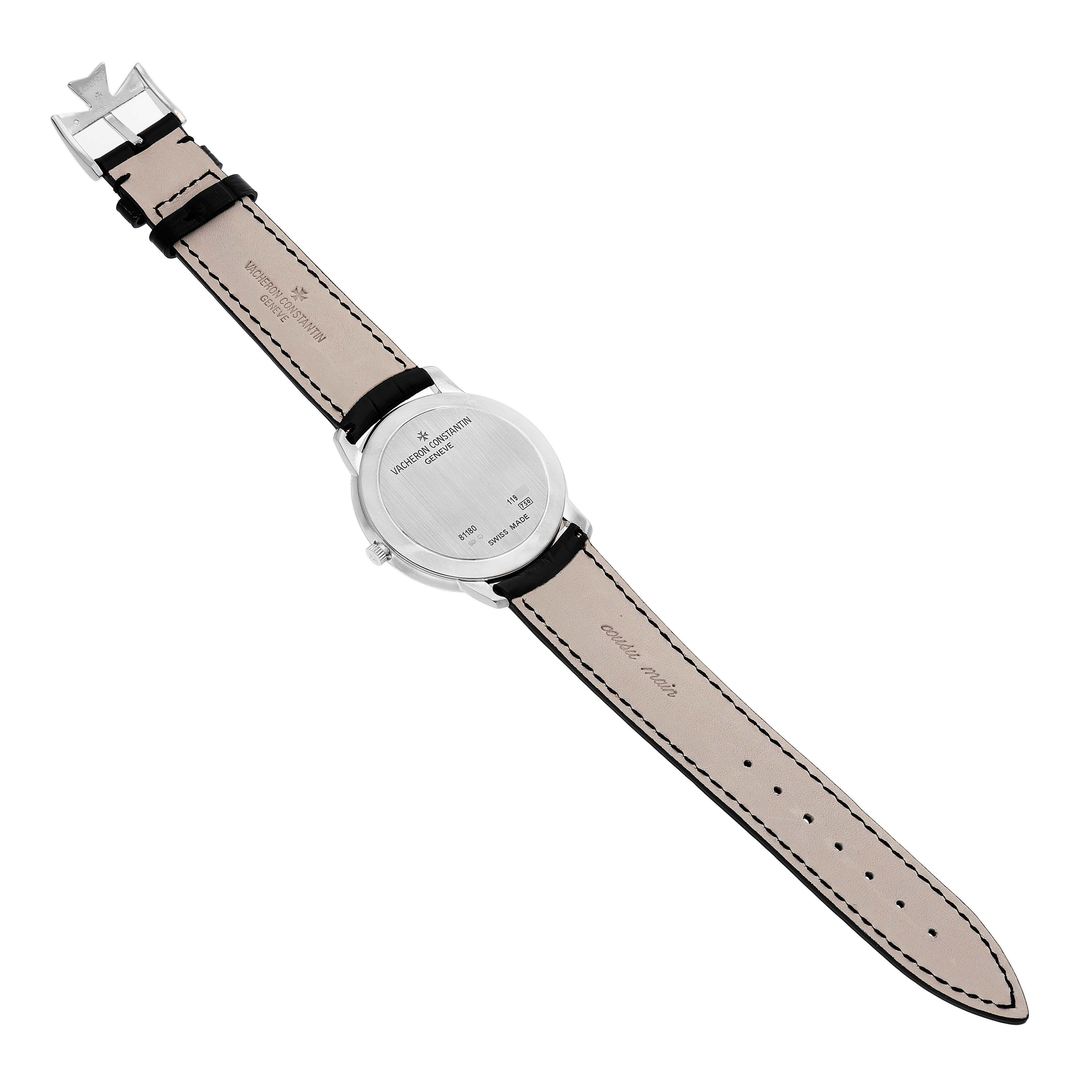 The image shows the back view of a Vacheron Constantin Patrimony 81180/000G Men's White Gold Silver Dial watch, displaying its case back and leather strap.