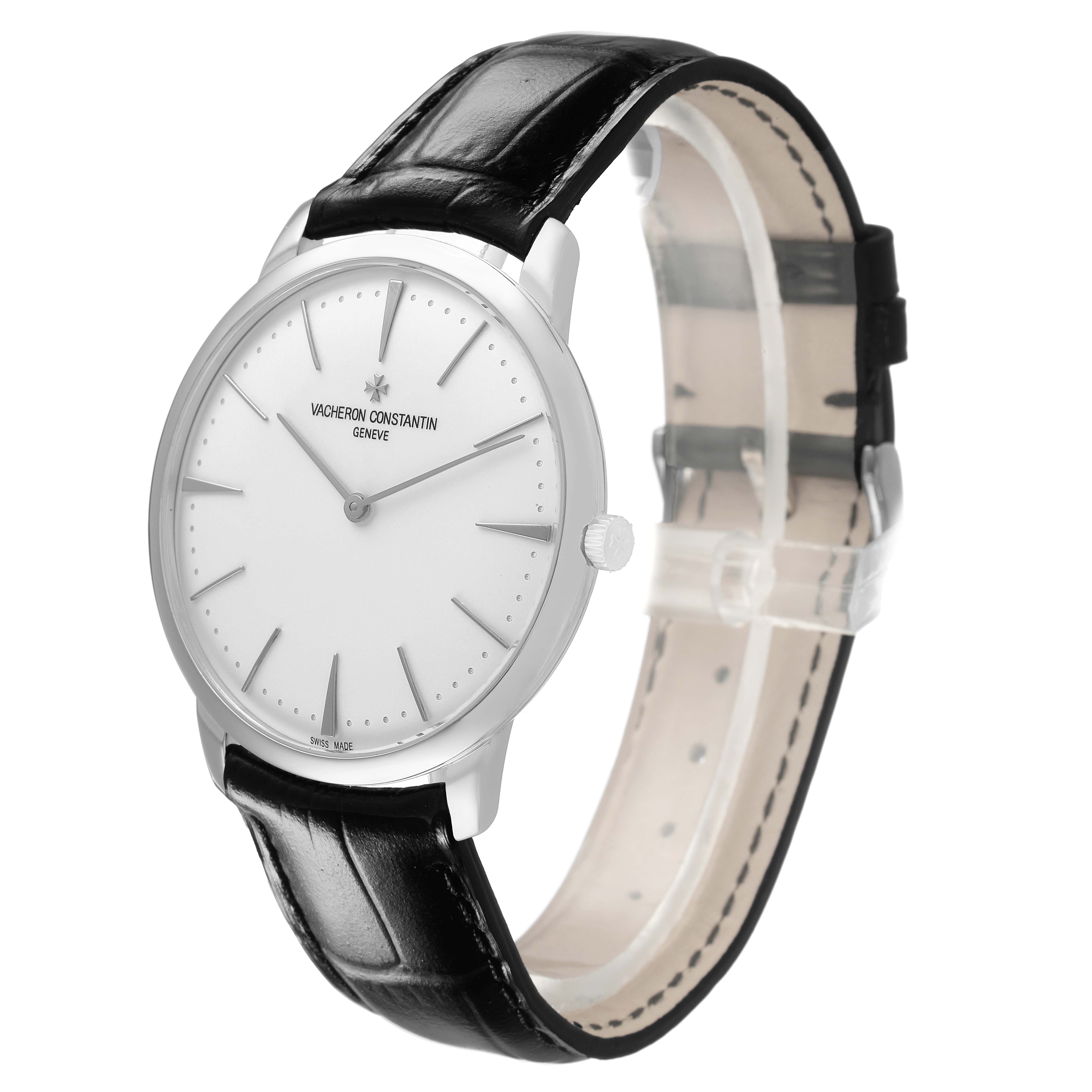 The Vacheron Constantin Patrimony 81180/000G Men's White Gold Silver Dial watch is shown at a three-quarter angle, displaying the face, bezel, crown, and black leather strap.