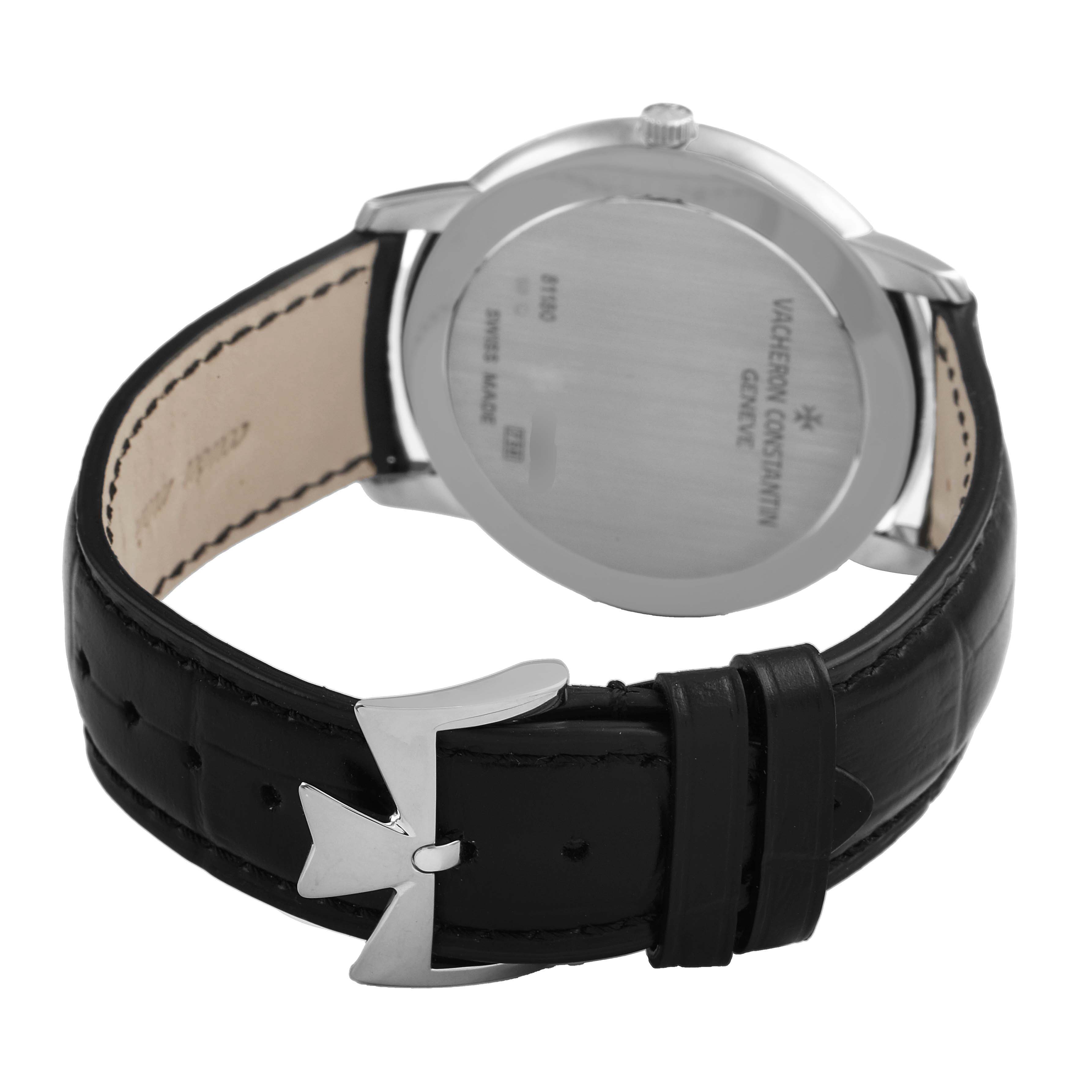 The image shows the Vacheron Constantin Patrimony 81180/000G Men's White Gold Silver Dial watch from the back, highlighting its clasp and leather strap.
