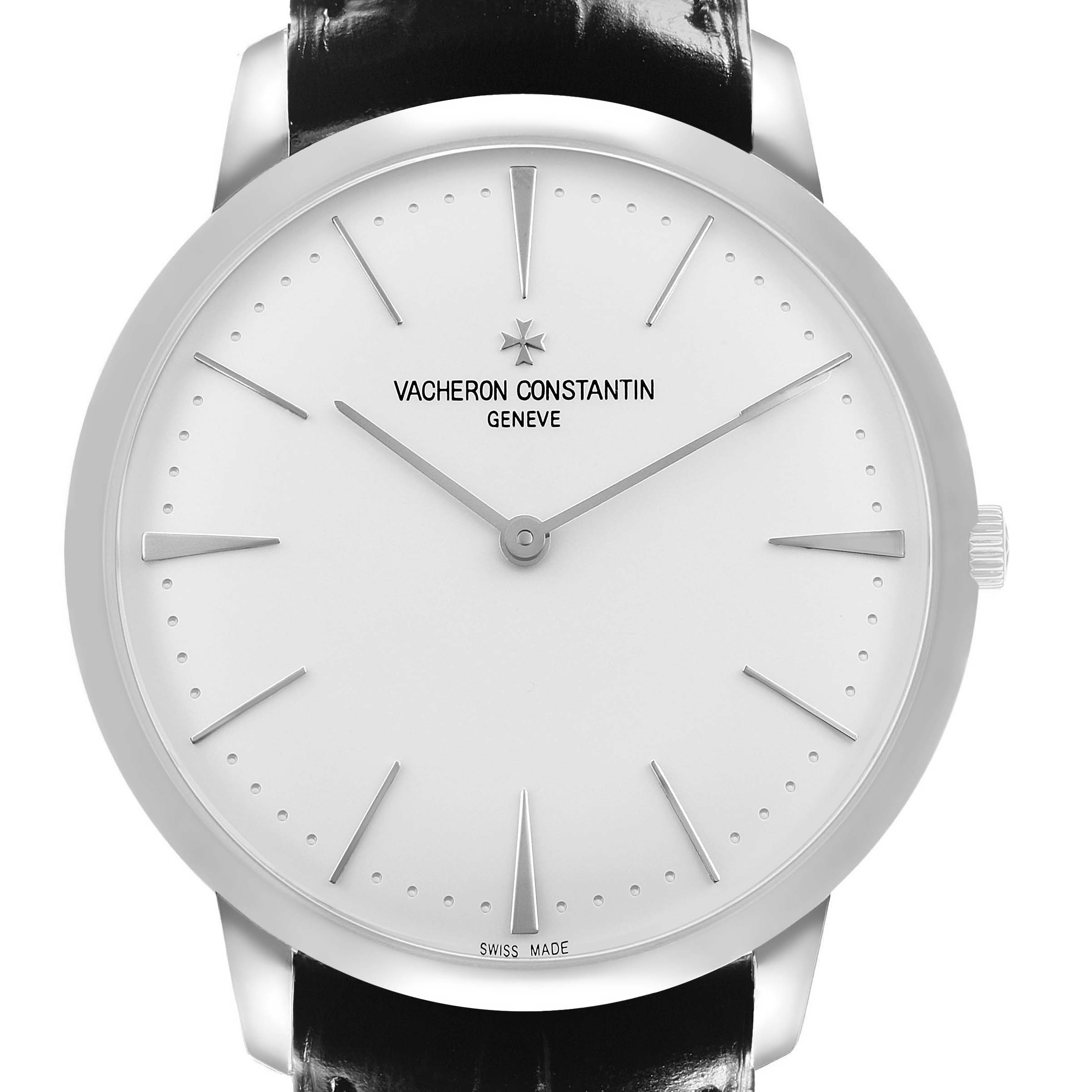 The Vacheron Constantin Patrimony 81180/000G Men's White Gold Silver Dial watch is shown from the front, highlighting its dial, markers, and crown.