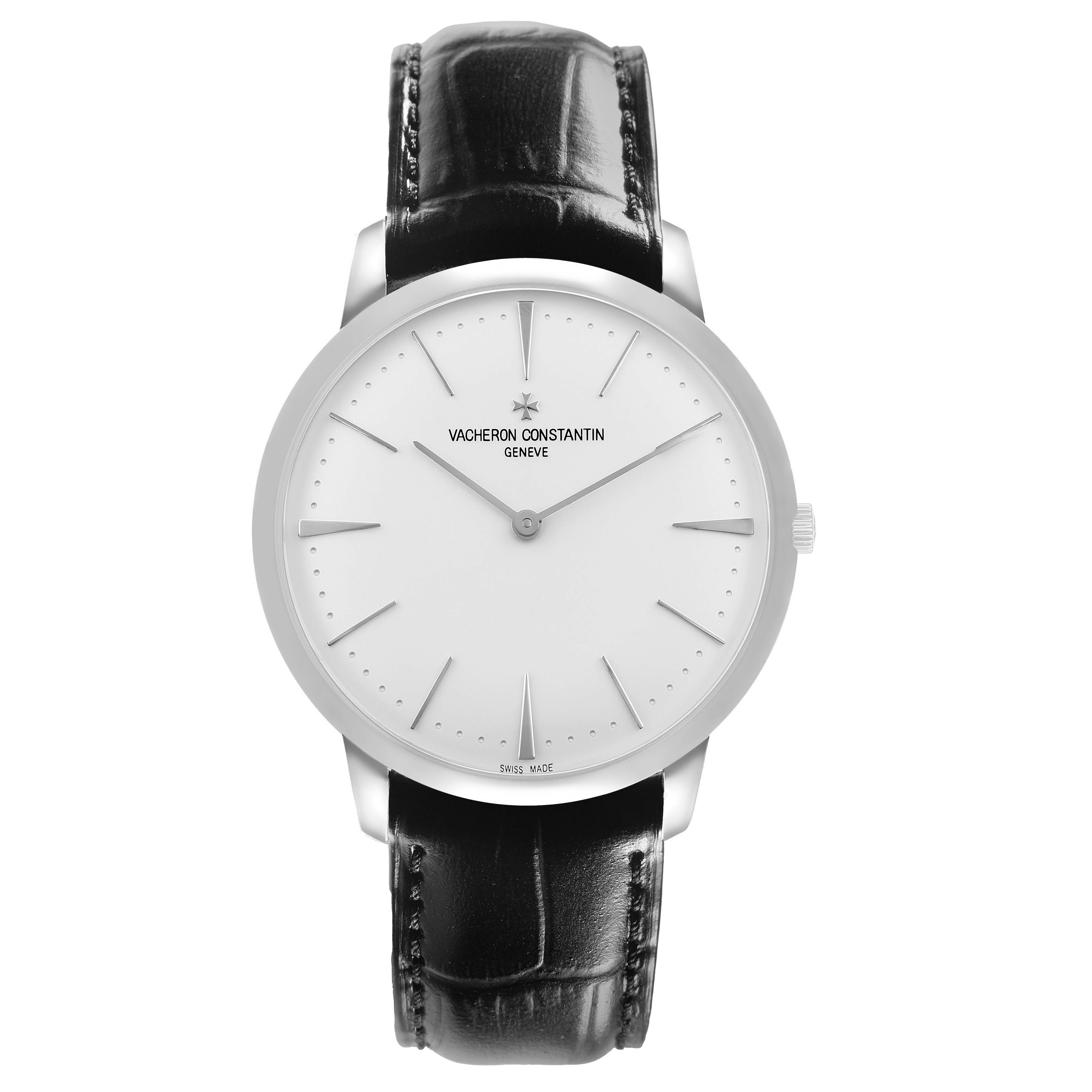 The Vacheron Constantin Patrimony 81180/000G Men's White Gold Silver Dial watch is shown from a front view, displaying the dial, hands, and black leather strap.