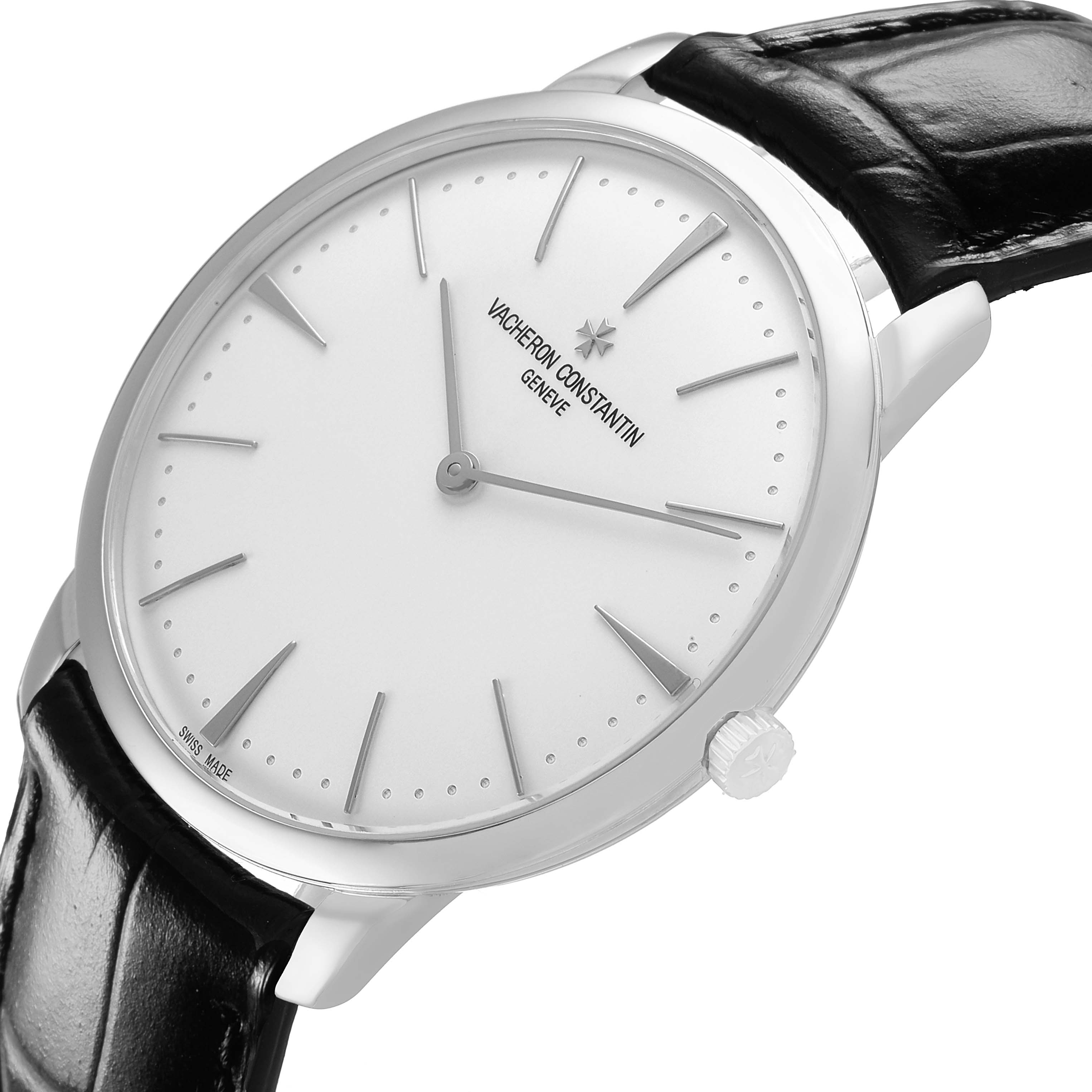 The image shows a Vacheron Constantin Patrimony 81180/000G Men's White Gold Silver Dial watch at a slight angle, displaying the dial, crown, and part of the leather strap.