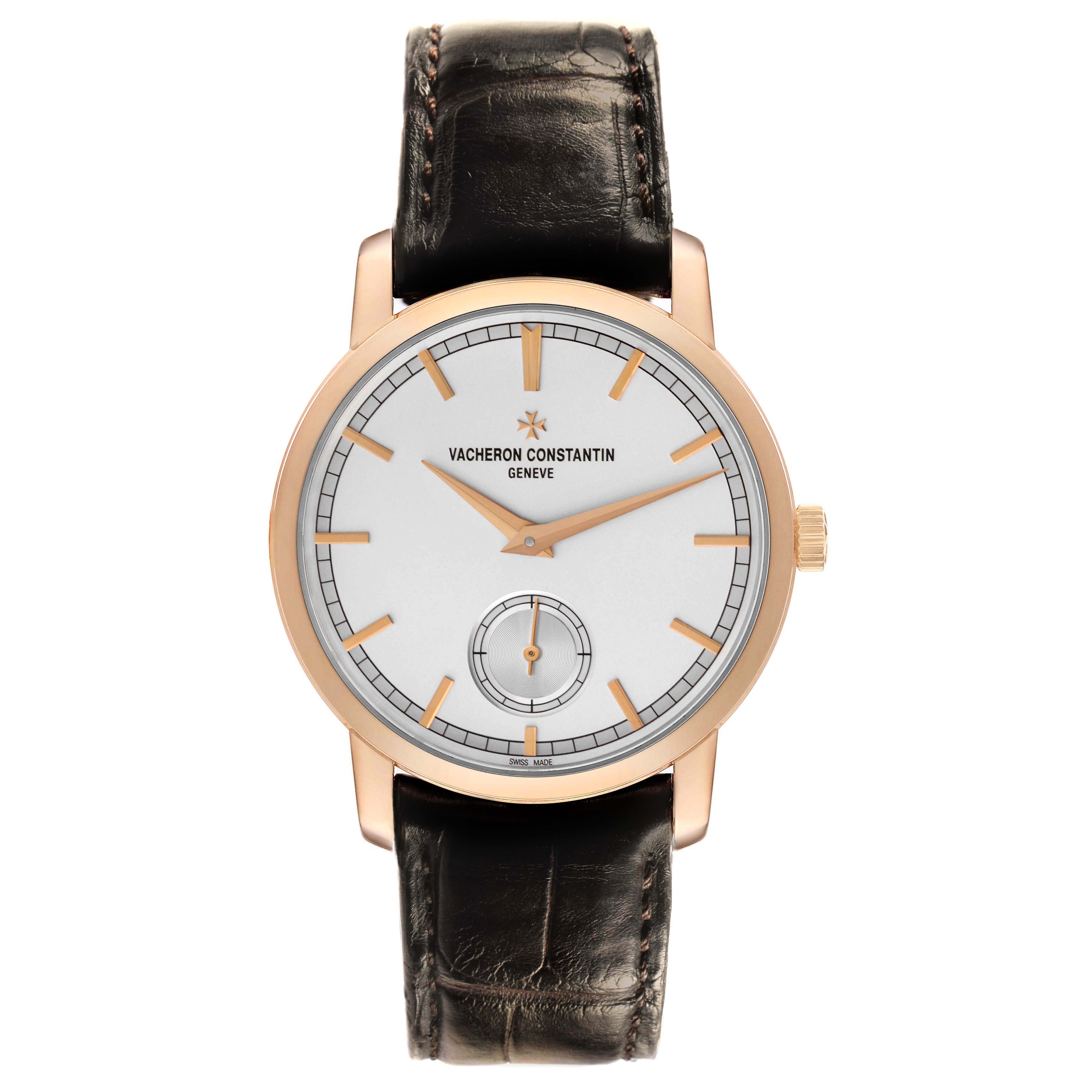 The Vacheron Constantin Traditionnelle 82172/000R-9382 Men's Rose Gold Silver Dial watch is shown from the front, highlighting the dial, hands, and leather strap.