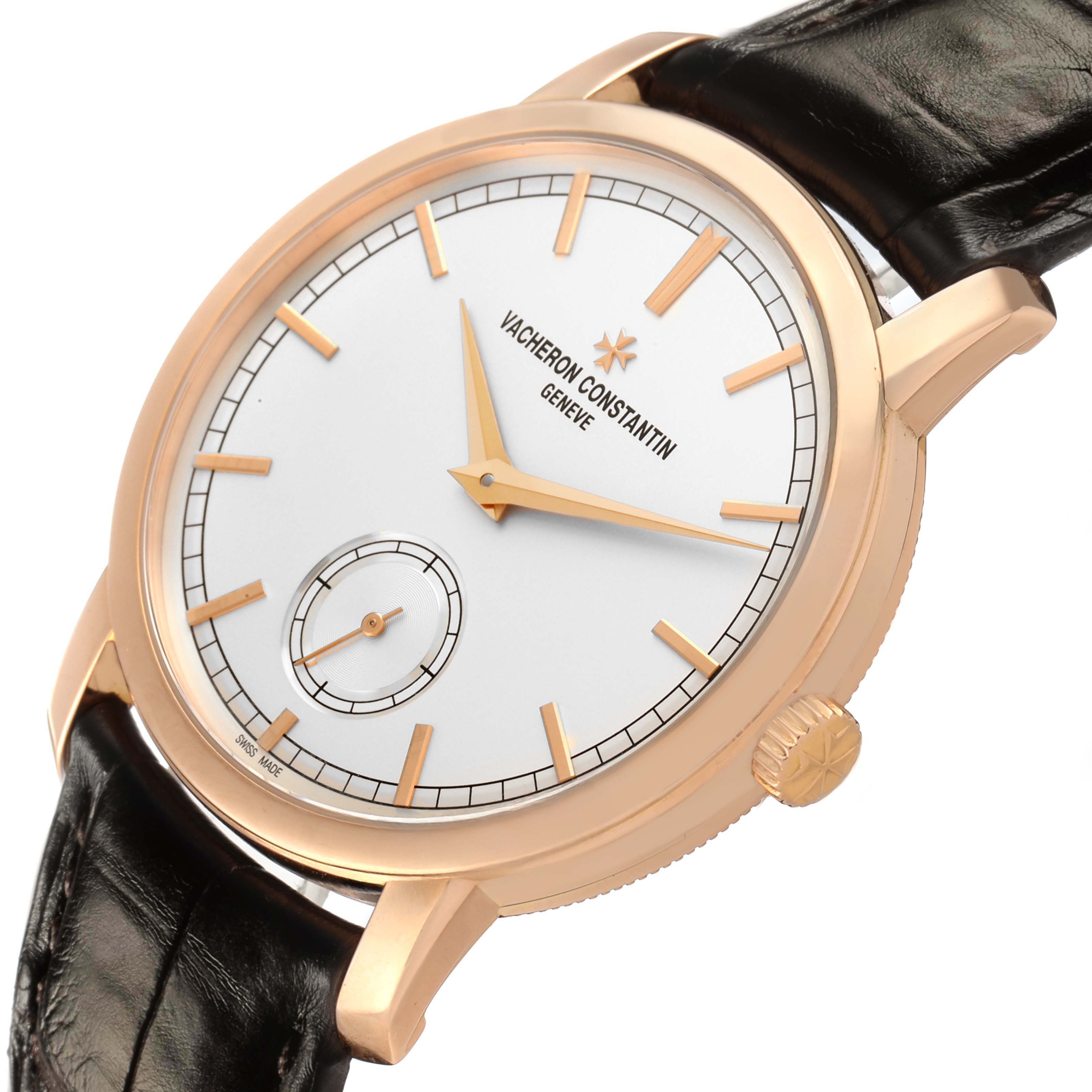 The Vacheron Constantin Traditionnelle 82172/000R-9382 Men's Rose Gold Silver Dial watch is shown at a tilted close-up angle, displaying its dial, hands, markers, case, and strap.