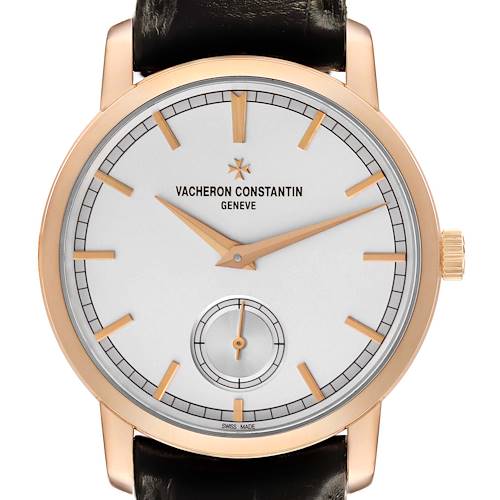 The Vacheron Constantin Traditionnelle 82172/000R-9382 Men's Rose Gold Silver Dial watch is shown from a front angle, highlighting the dial, hands, and crown.