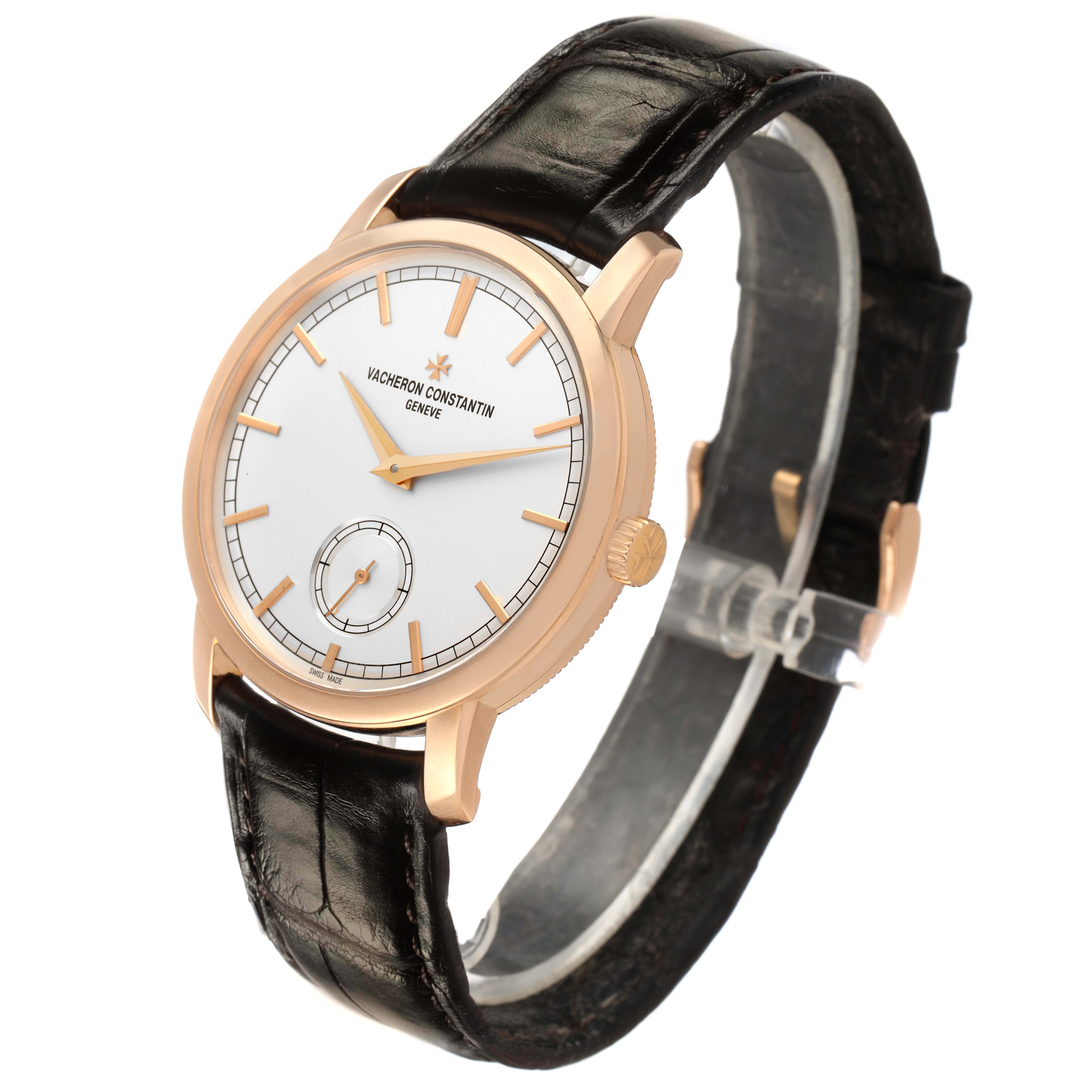 The Vacheron Constantin Traditionnelle 82172/000R-9382 Men's Rose Gold Silver Dial watch is shown at a slight angle, displaying the face, case, crown, and leather strap.