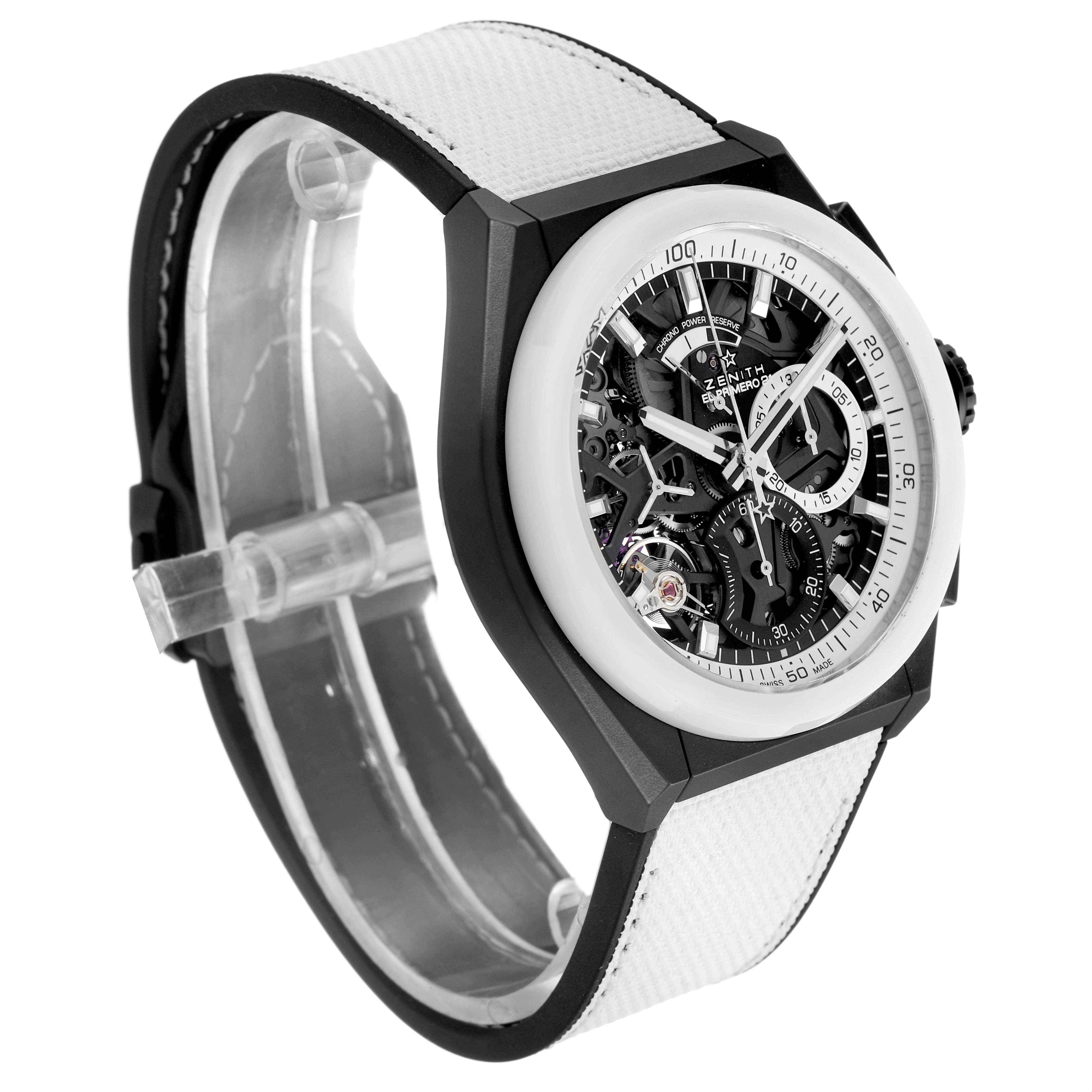 The Zenith Defy 49.9007.9004 Men's Ceramic Black Dial watch is shown at an angle highlighting the face, case, and strap, with a focus on its skeleton dial design.