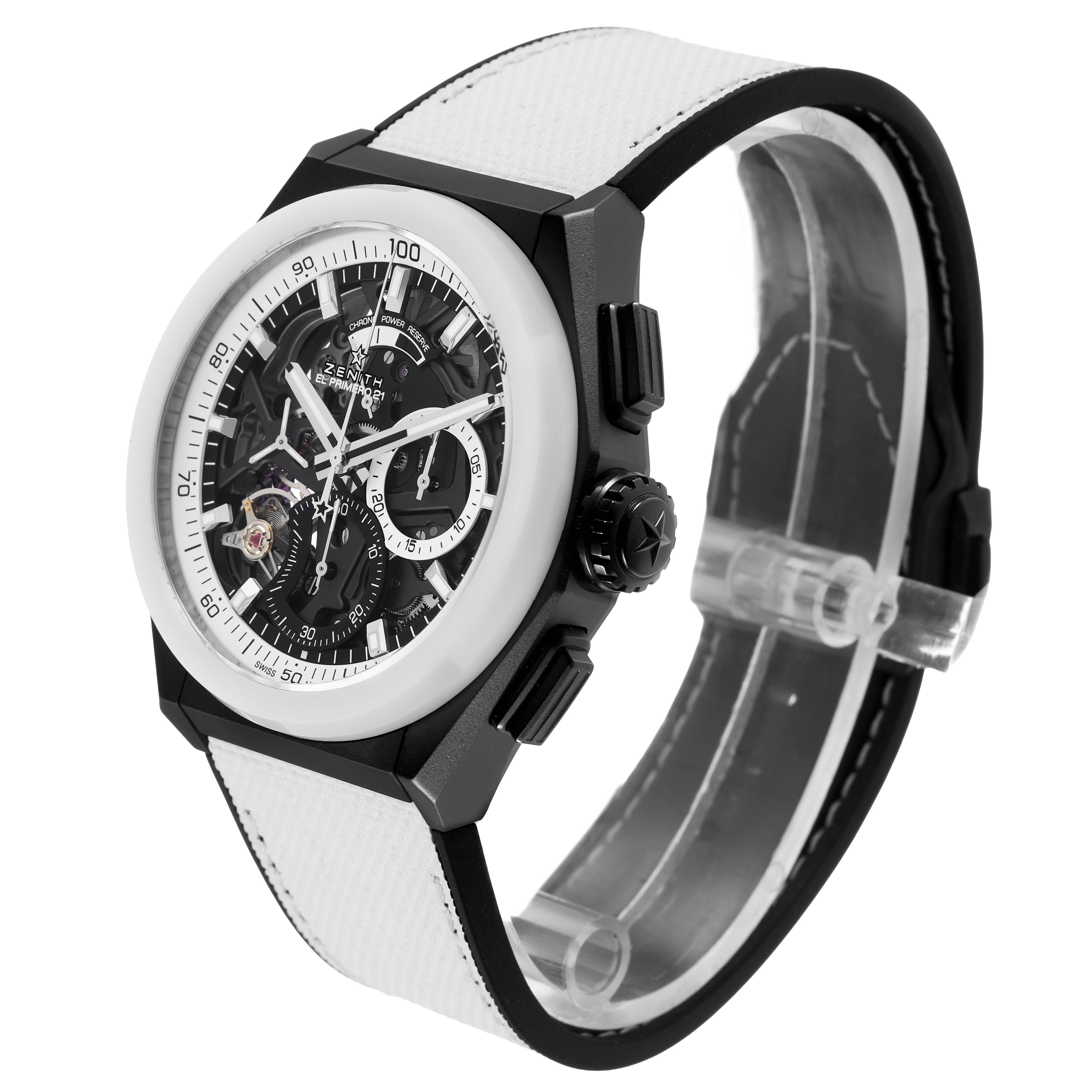 The Zenith Defy 49.9007.9004 Men's Ceramic Black Dial watch is shown at a slight angle, highlighting the dial, bezel, and partial strap.