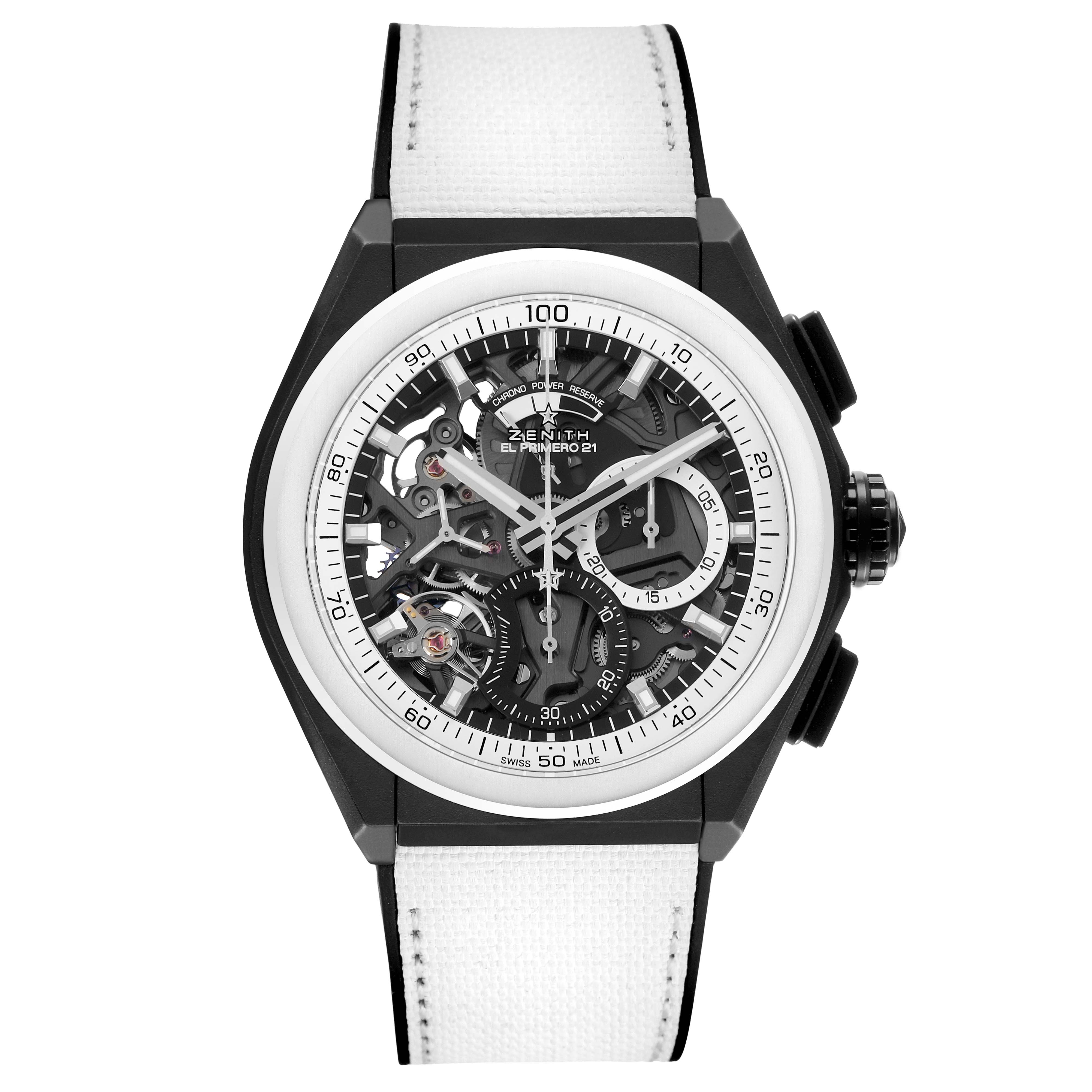 The Zenith Defy 49.9007.9004 Men's Ceramic Black Dial watch is shown from a front angle, highlighting its skeleton dial and black bezel, with a white strap.