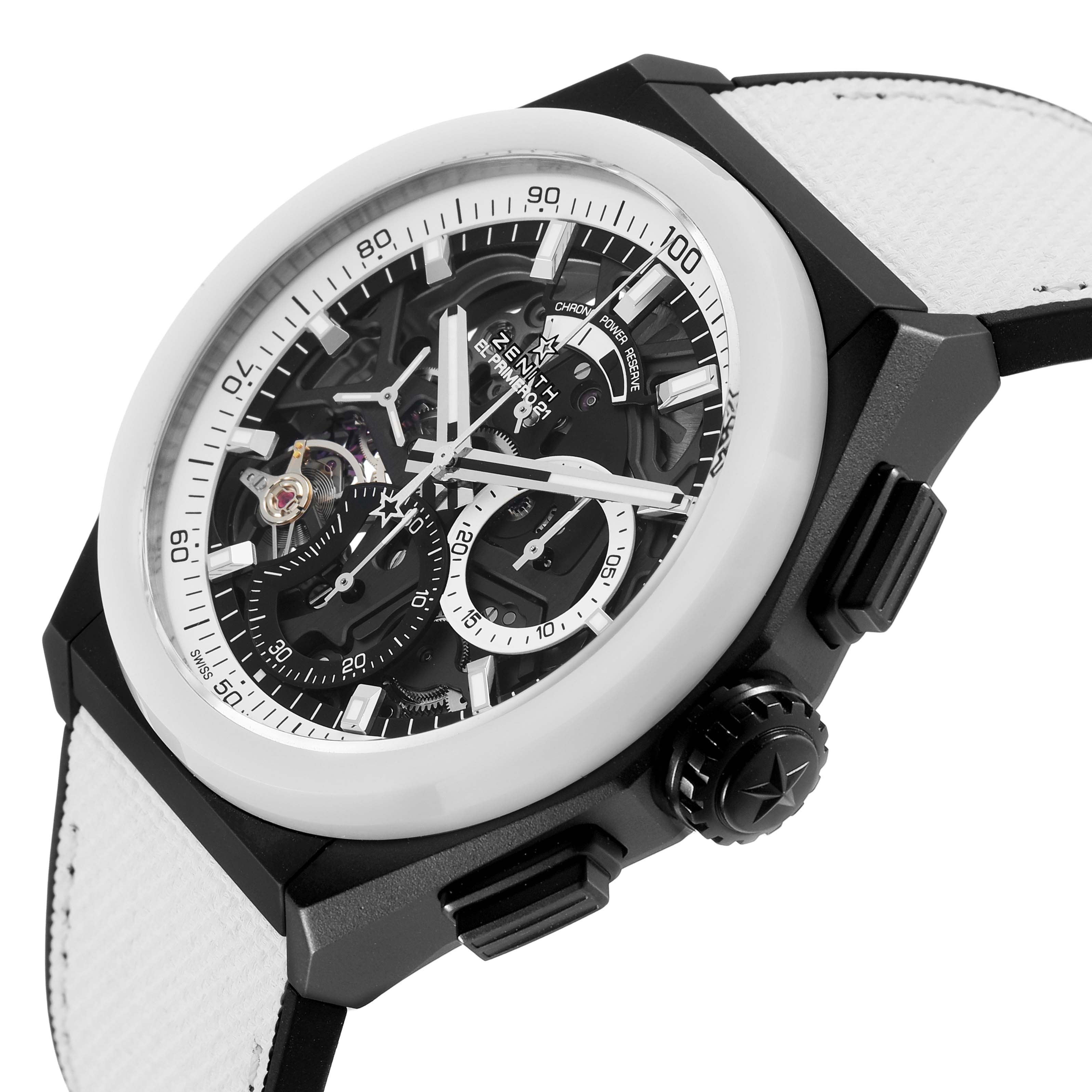 The Zenith Defy 49.9007.9004 Men's Ceramic Black Dial watch is shown at an angle highlighting the face, bezel, crown, and strap.