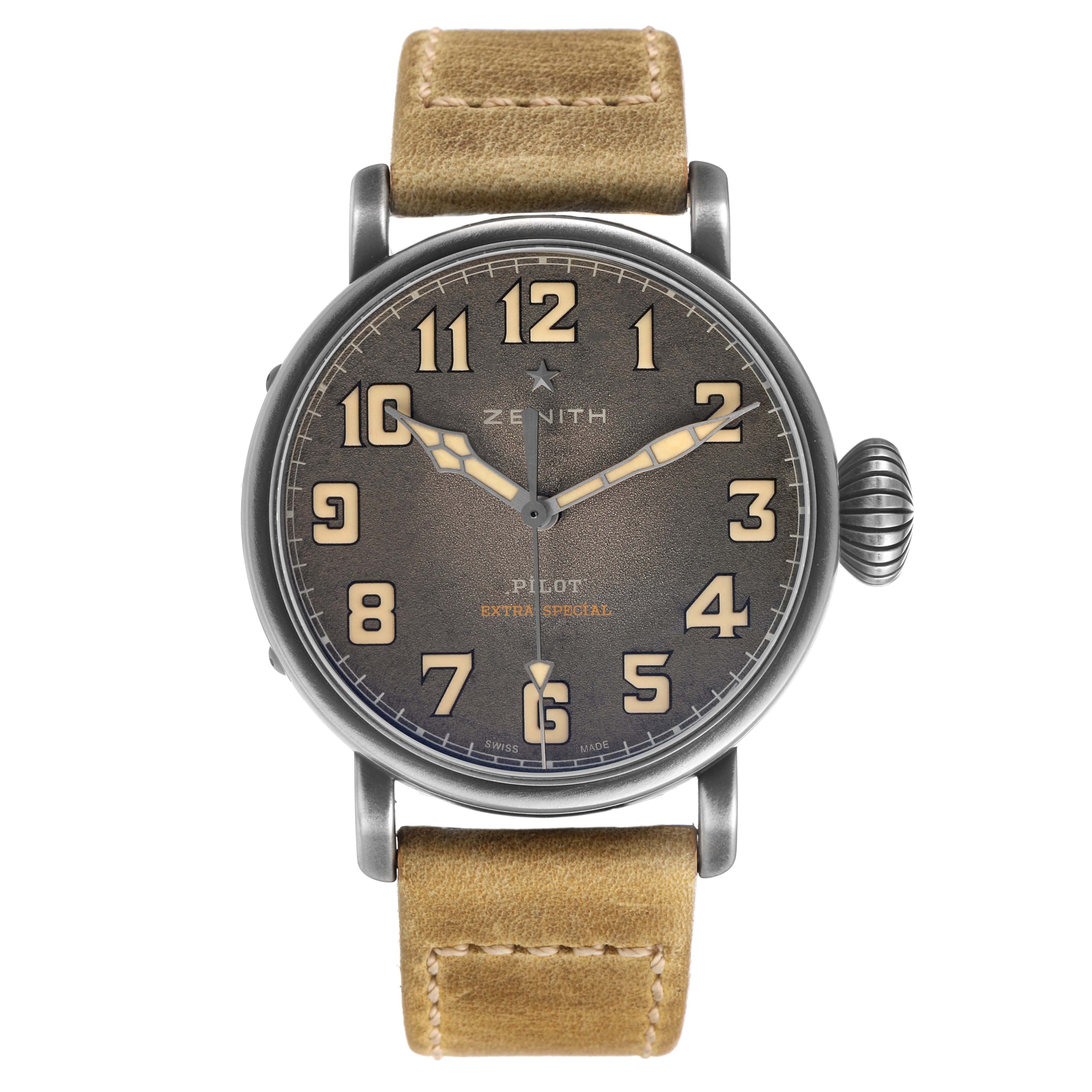 The Zenith Pilot 11.1940.679 Men's Stainless Steel Grey Dial watch is shown from a front angle, displaying the dial, hands, crown, and strap.