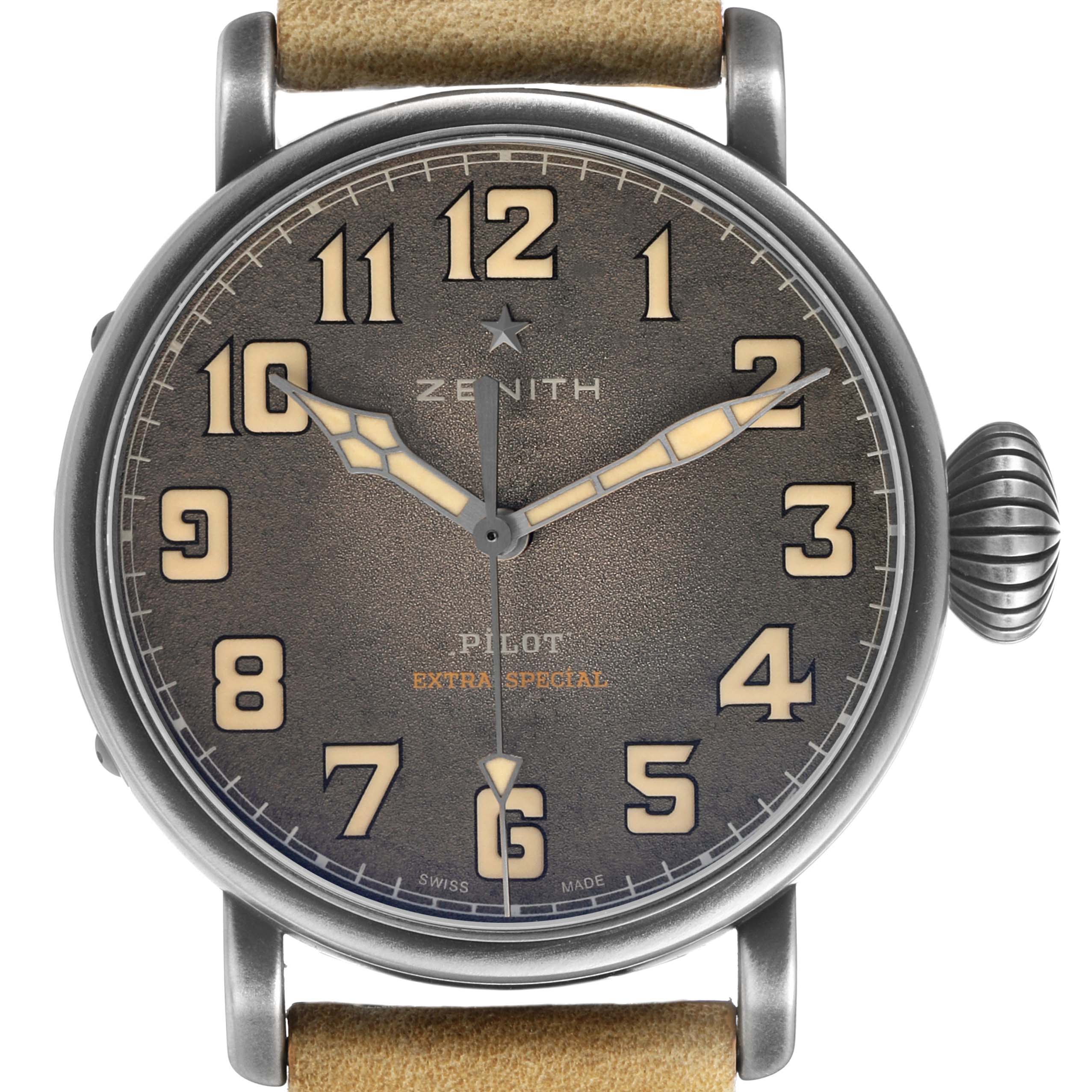 The Zenith Pilot 11.1940.679 Men's Stainless Steel Grey Dial watch is shown from a front view, displaying its face, hands, numerals, and crown.