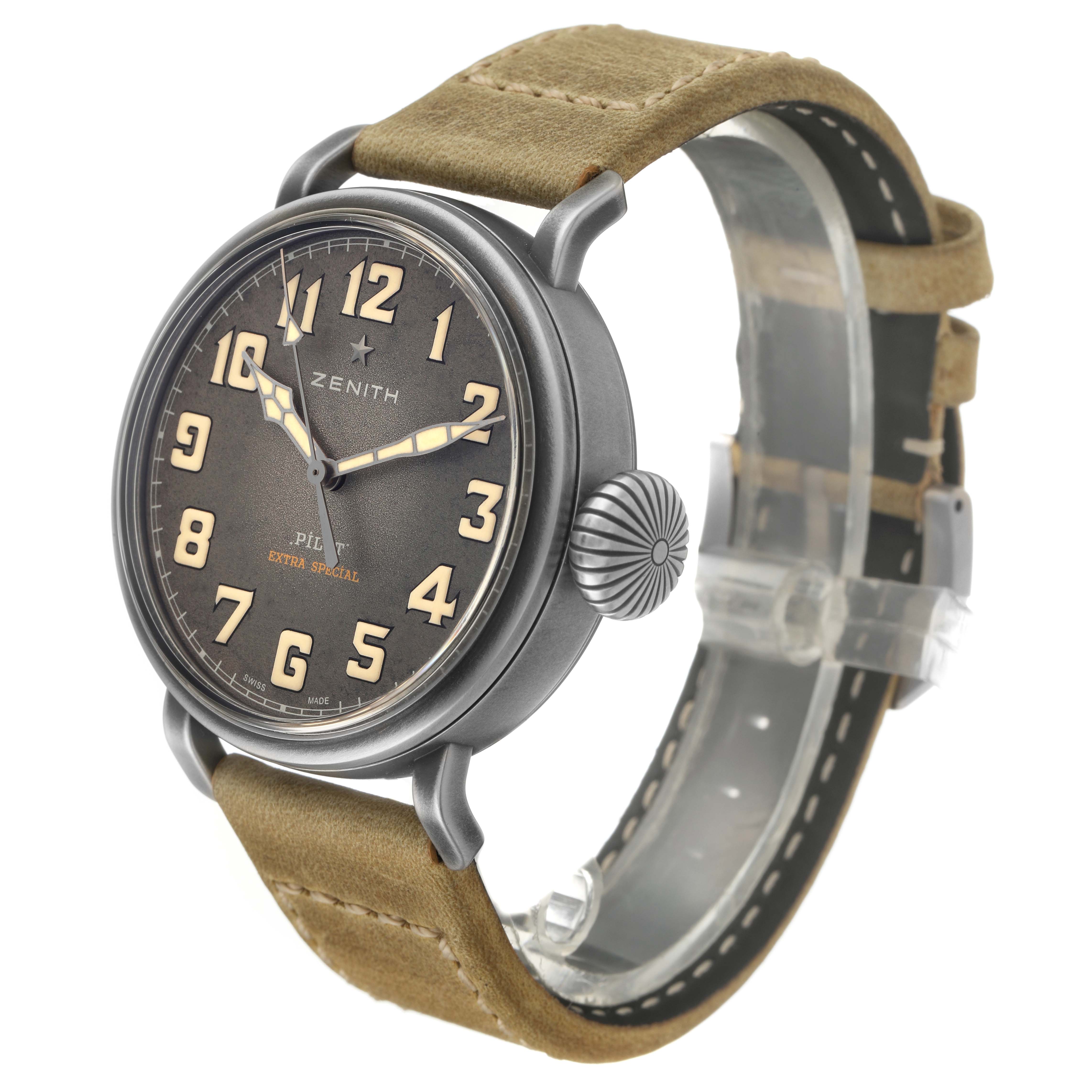 The Zenith Pilot 11.1940.679 Men's Stainless Steel Grey Dial watch is shown at an angle highlighting the dial, large crown, and leather strap.