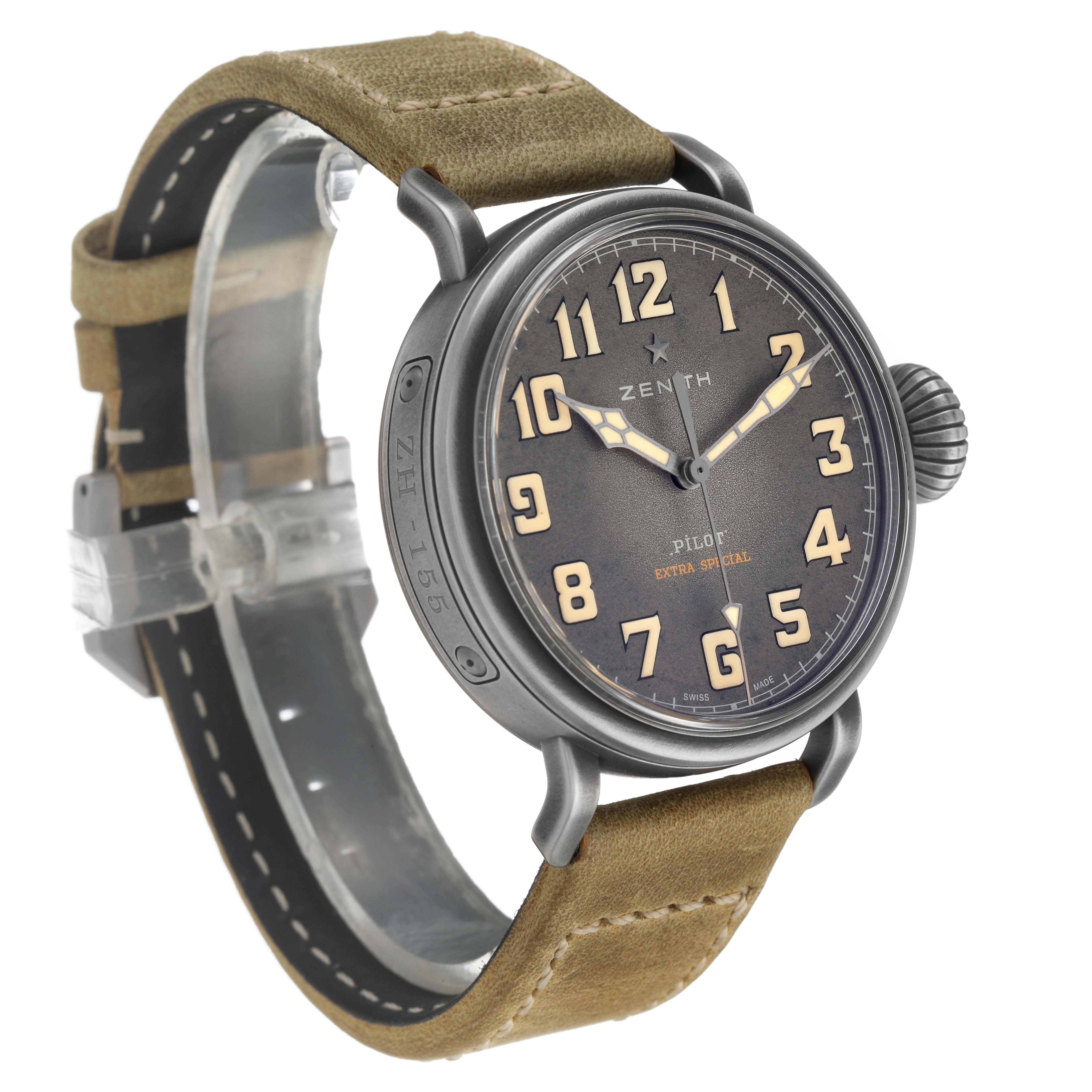 The Zenith Pilot 11.1940.679 Men's Stainless Steel Grey Dial watch is shown at a slight angle highlighting the face, crown, case, and leather strap.