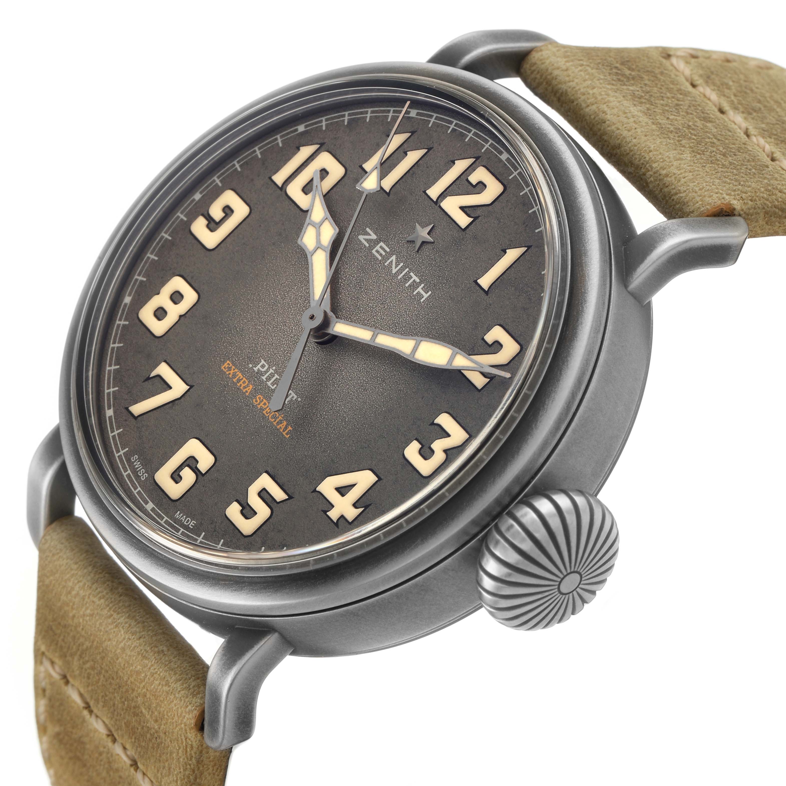 The Zenith Pilot 11.1940.679 Men's Stainless Steel Grey Dial watch is shown from an angled side view, highlighting the dial, crown, and part of the strap.