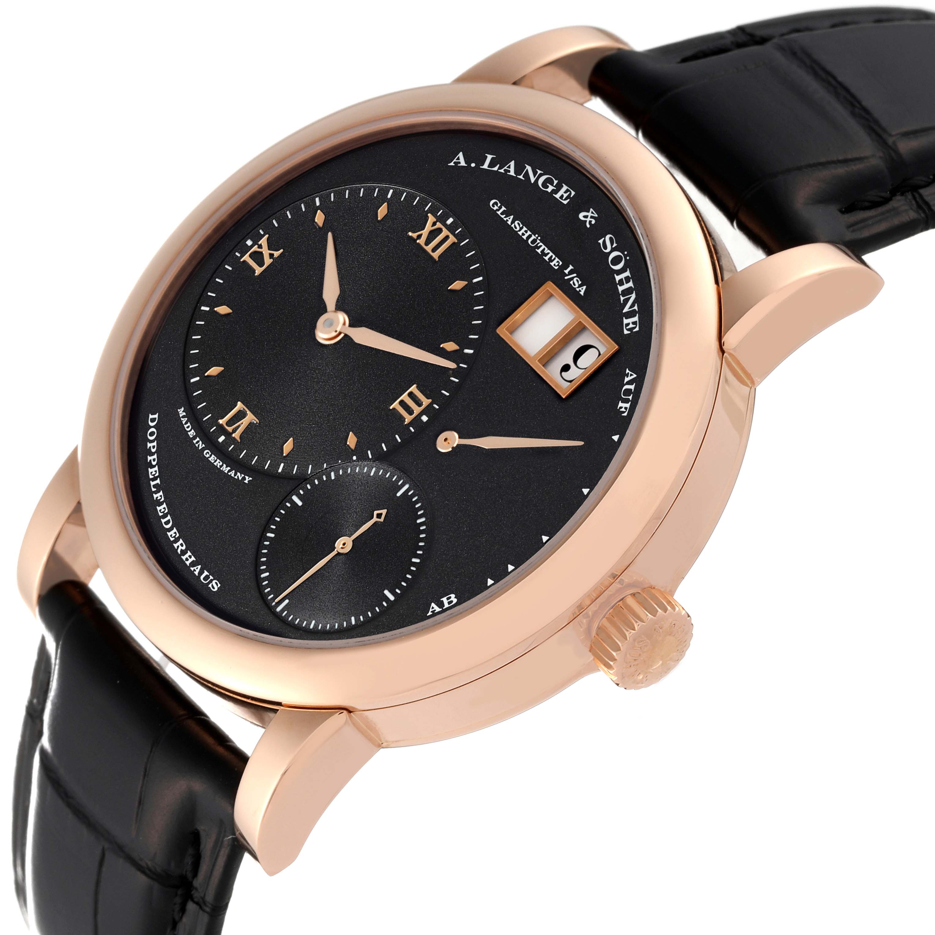 The image displays a close-up of the A. Lange & Sohne Lange 1 101.031 Men's Rose Gold Black Dial watch from an angled side view showing the face, crown, and strap.