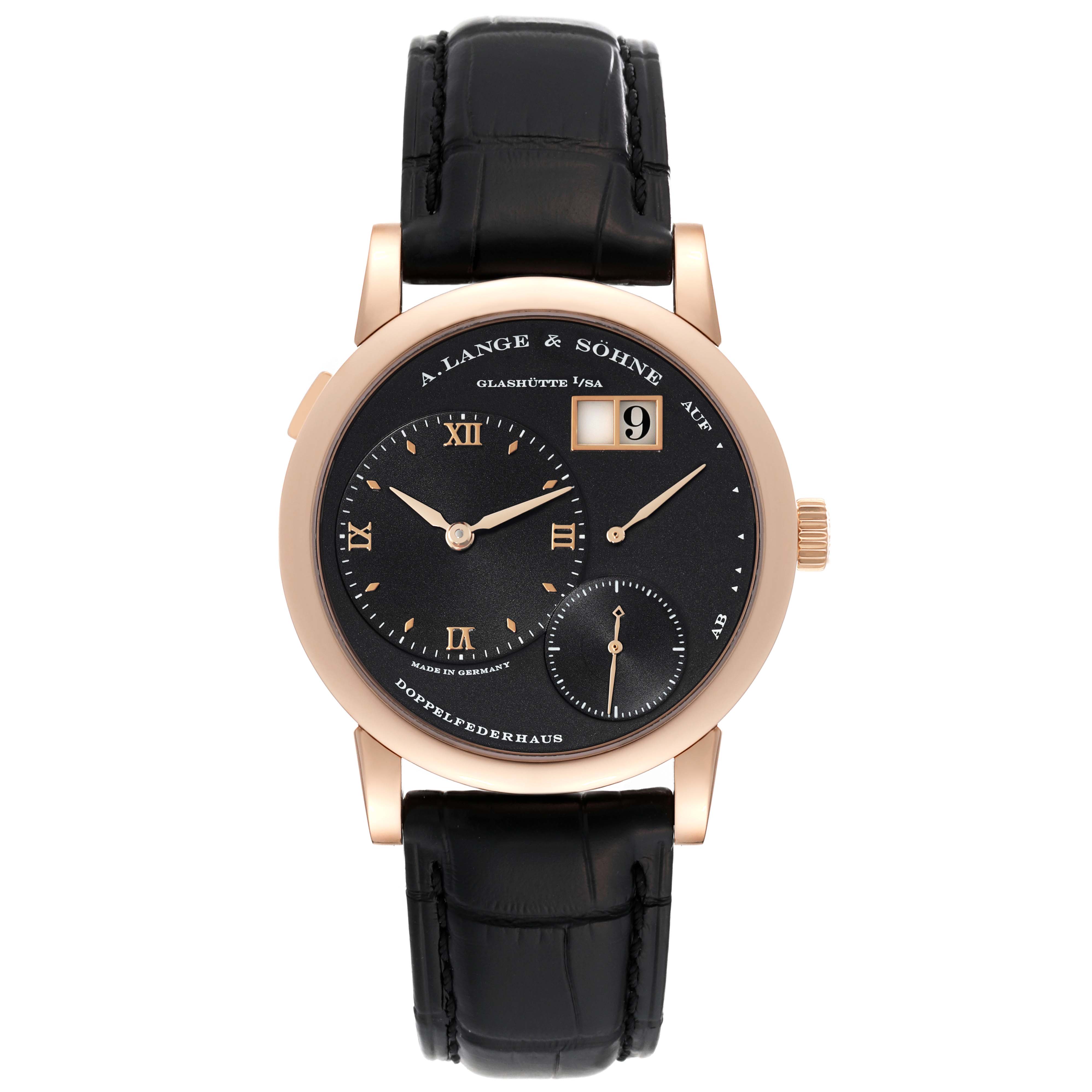 This image shows a front view of the A. Lange & Sohne Lange 1 101.031 Men's Rose Gold Black Dial watch, displaying its black dial, gold hands, and black leather strap.