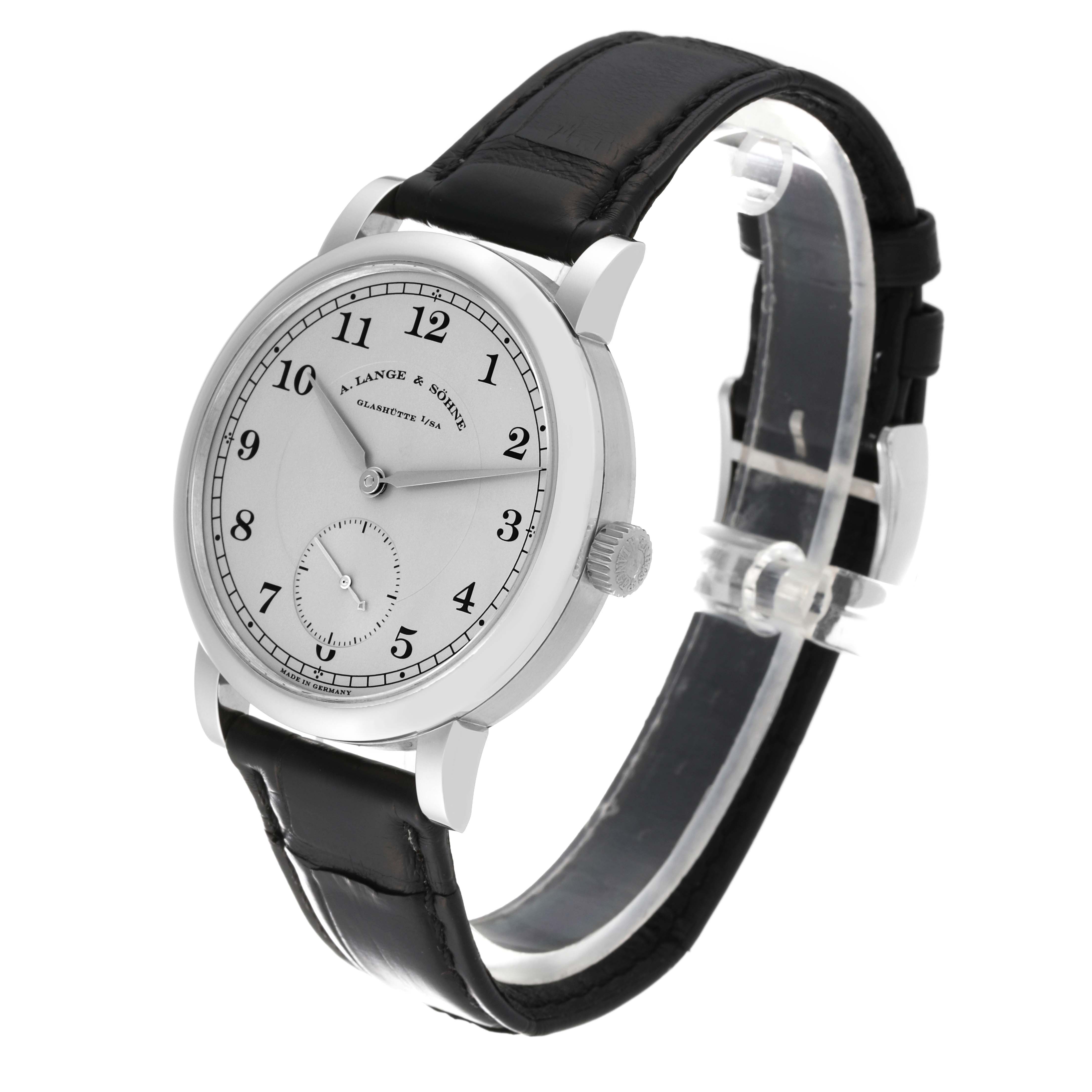 The image shows a side angle of the A. Lange & Sohne 1815 233.025 Men's Platinum Silver Dial model watch, highlighting the dial, crown, and black leather strap.