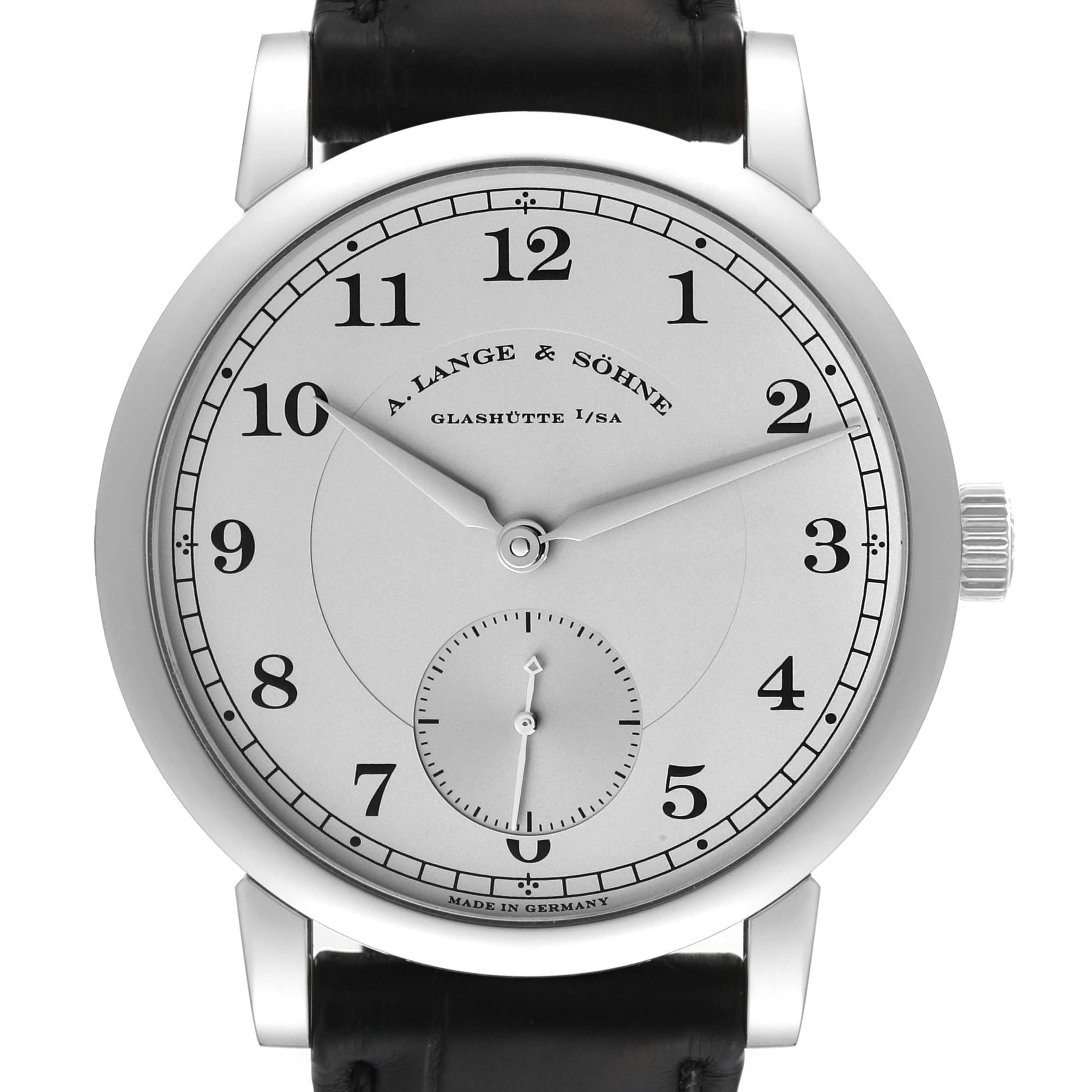 The image shows a front view of an A. Lange & Sohne 1815 233.025 Men's Platinum Silver Dial watch, highlighting the dial, hands, and part of the leather strap.