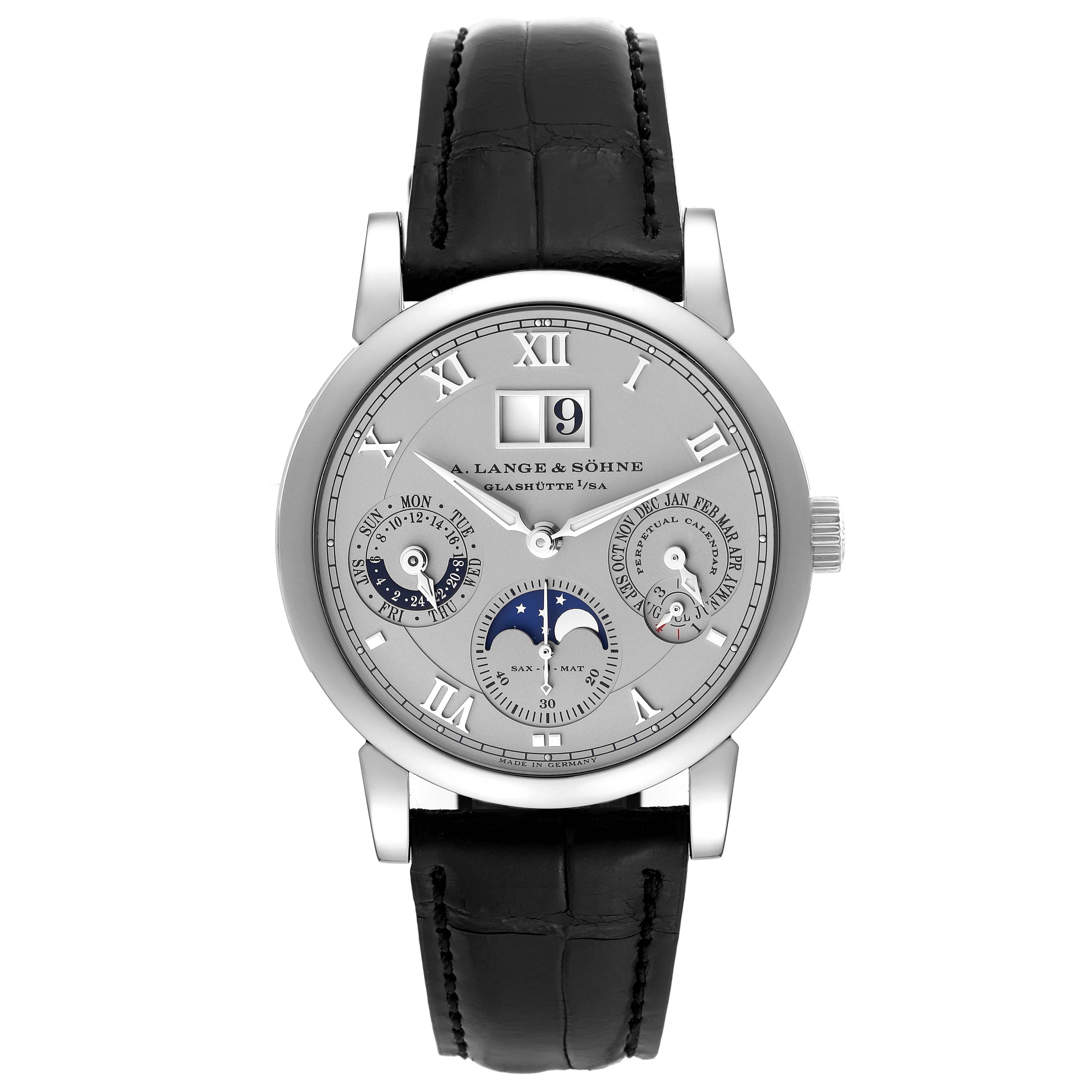 The image shows a front view of the A. Lange & Sohne Richard Lange 310.025E/LS3102AP Men's Platinum Silver Dial watch, displaying its dial and complications.