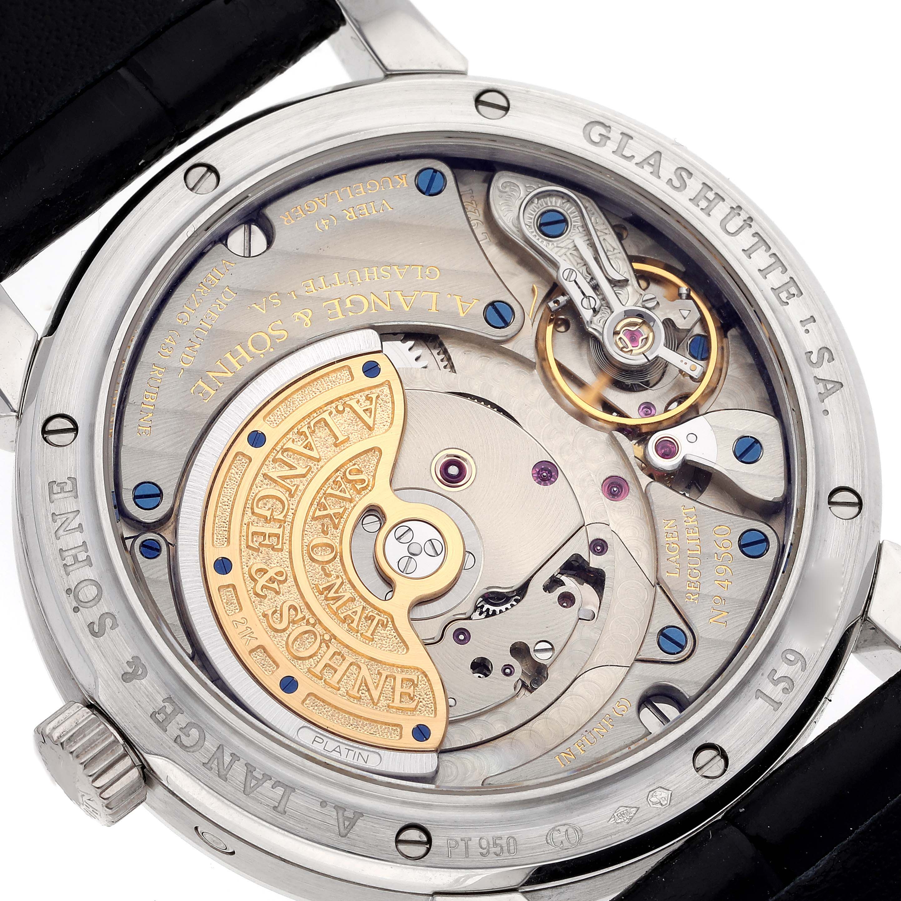The image shows the back view of an A. Lange & Sohne Richard Lange 310.025E/LS3102AP Men's Platinum Silver Dial watch, highlighting the intricate movement mechanism.