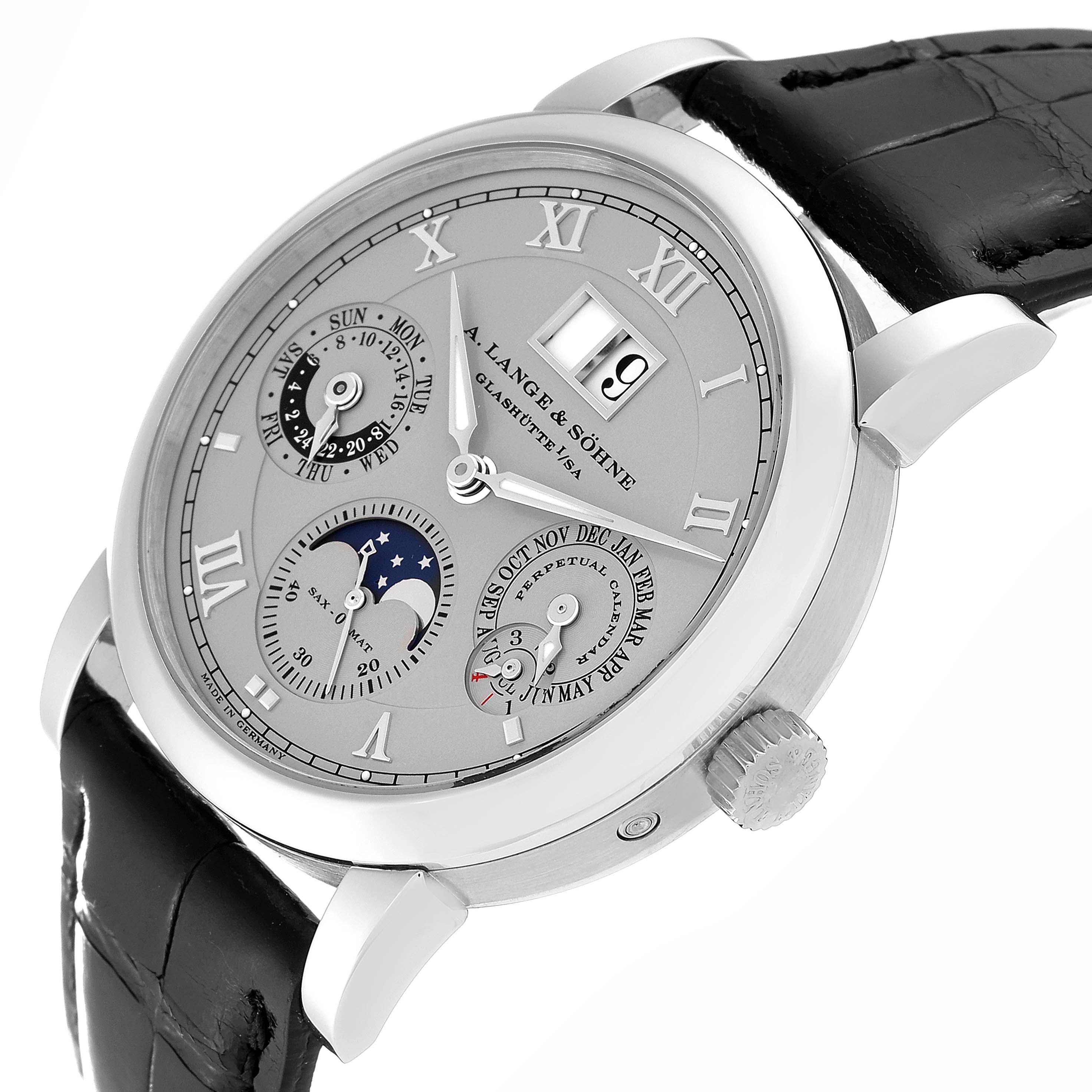 The image shows a three-quarter view of the Richard Lange model by A. Lange & Söhne, displaying its dial, case, and leather strap.