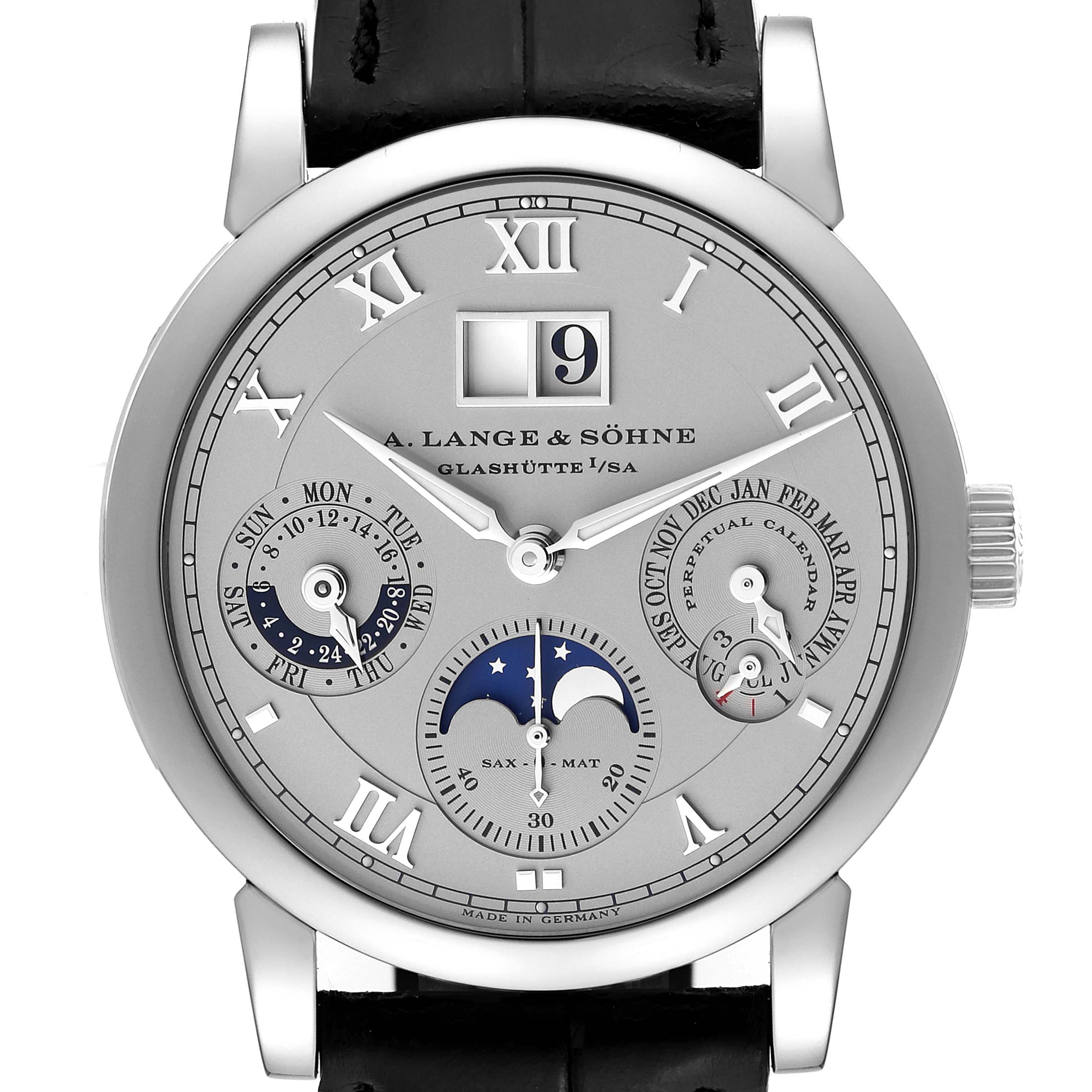 This image shows a front view of the Richard Lange model by A. Lange & Söhne, displaying its dial and complications.