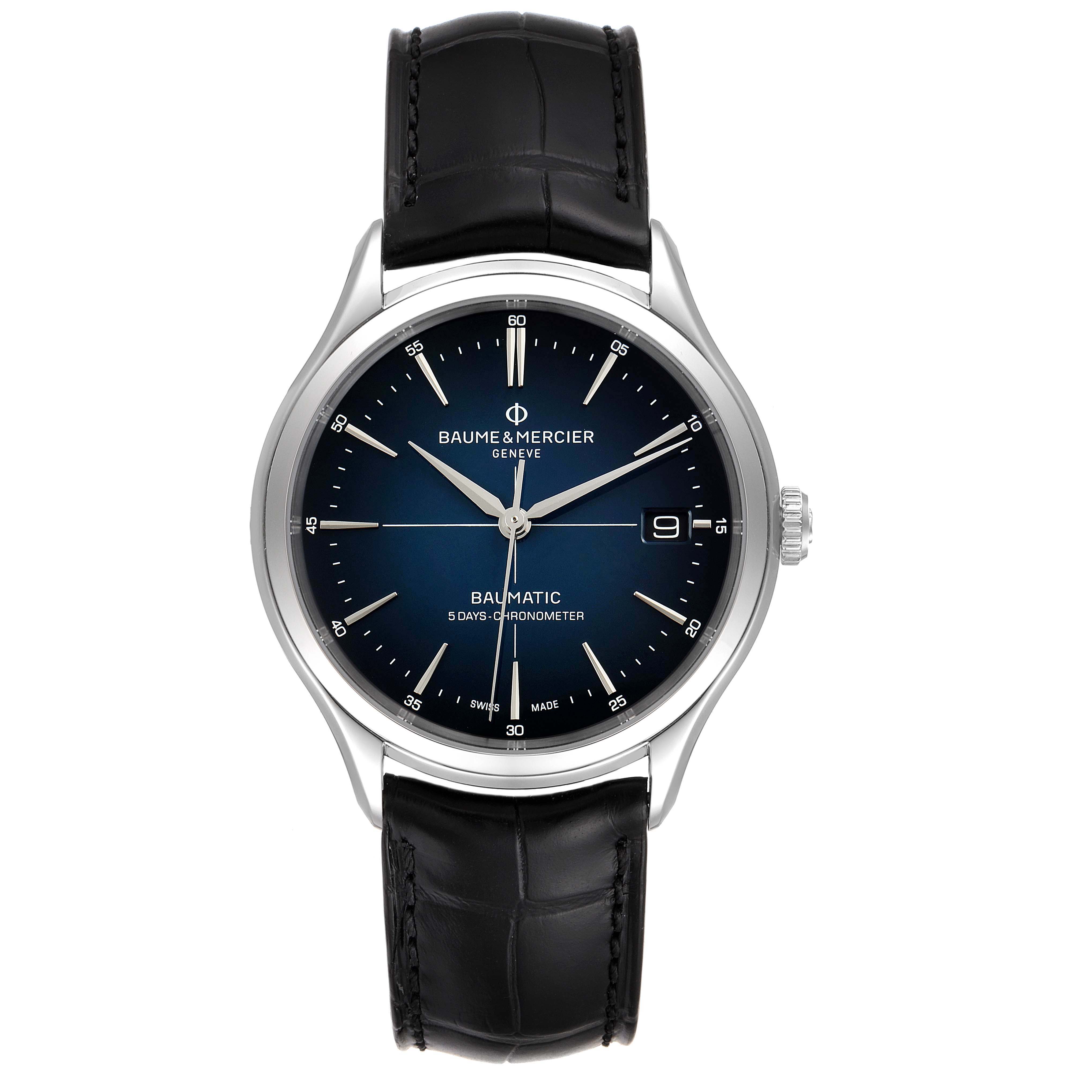 The Baume & Mercier Clifton M0A10467 Men's Stainless Steel Blue Dial M0A10467 Men's Stainless Steel Blue Dial watch is shown from a straight-on angle, highlighting its dial and leather strap.