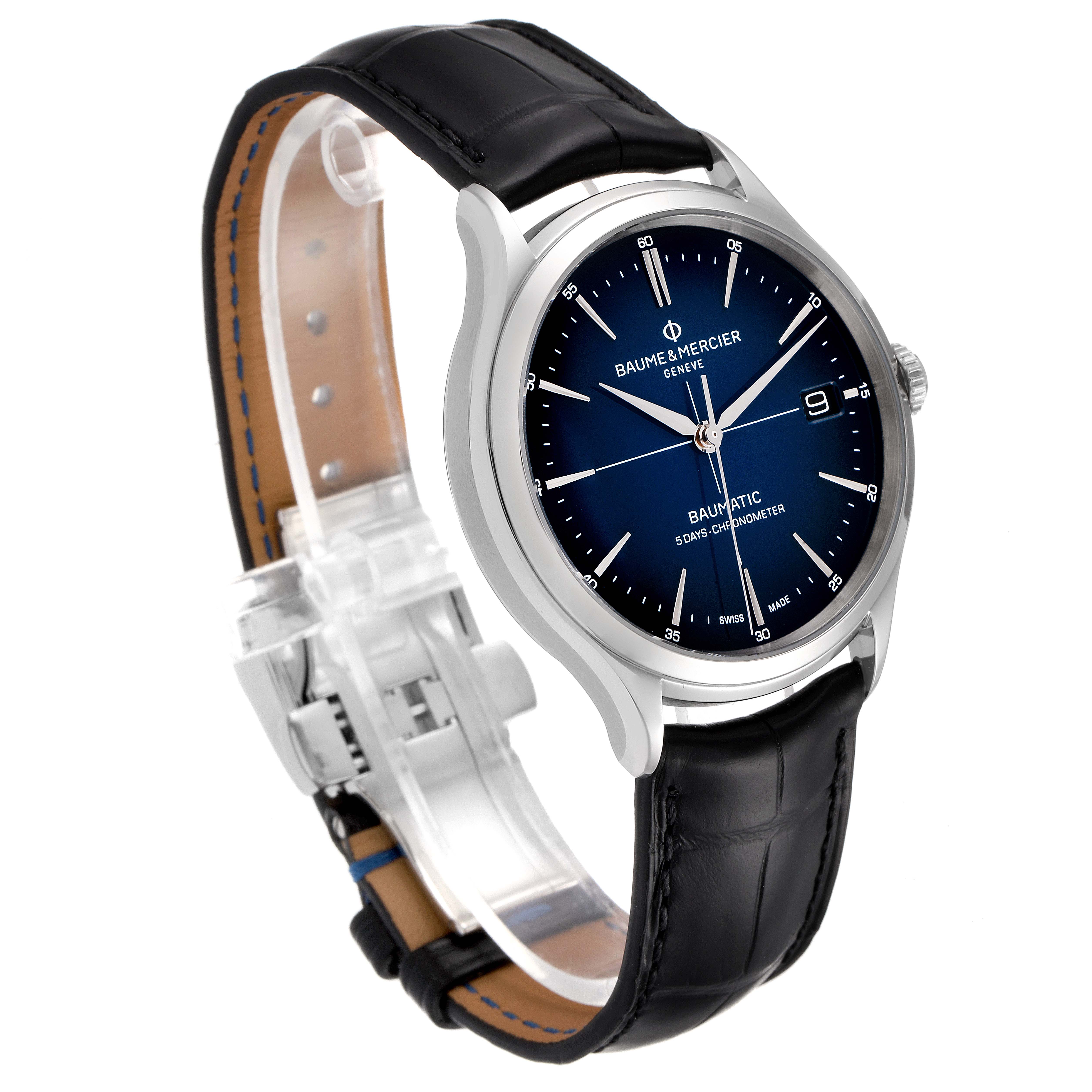 The image shows a Baume & Mercier Clifton M0A10467 Men's Stainless Steel Blue Dial M0A10467 Men's Stainless Steel Blue Dial model watch from a three-quarter front angle, showcasing the dial, case, and strap.