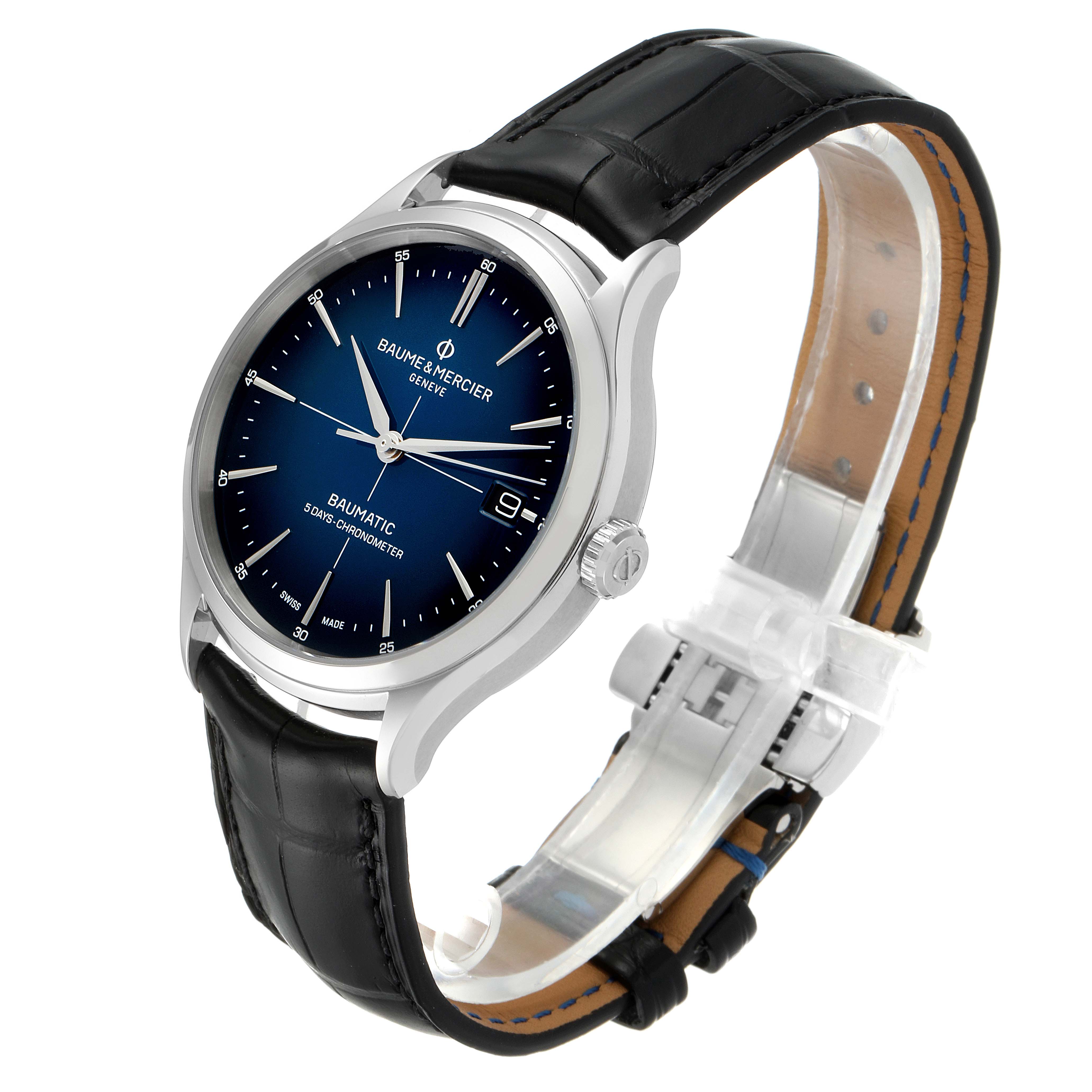 The image shows a Clifton model by Baume & Mercier from an angled side view, highlighting the watch face, crown, and leather strap.