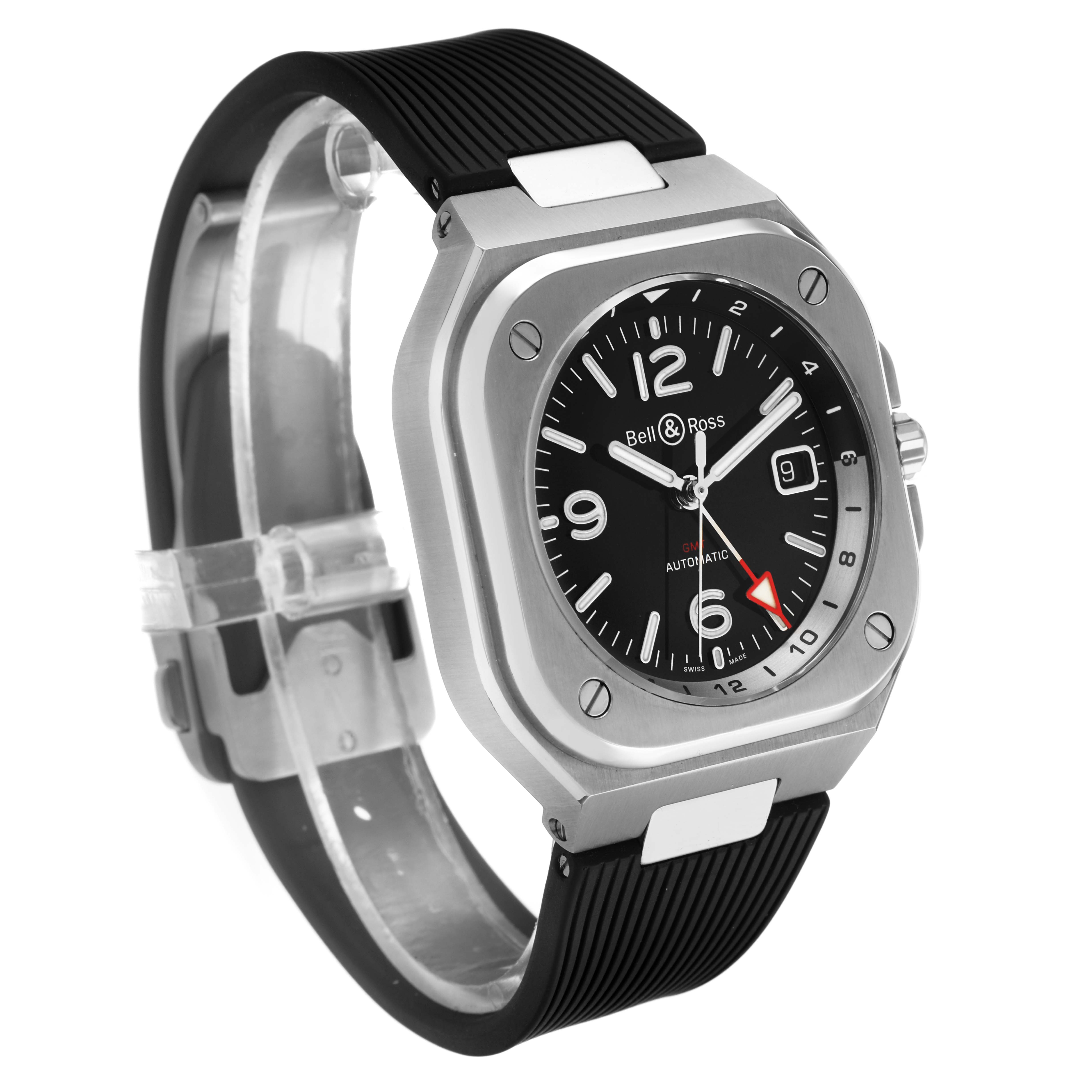 The Bell & Ross Urban BR05G-BL-ST/SRB Men's Stainless Steel Black Dial model watch is shown at a three-quarter angle, highlighting the face, bezel, and black strap.