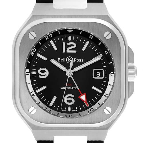 The Bell & Ross Urban BR05G-BL-ST/SRB Men's Stainless Steel Black Dial model is shown from a front angle, highlighting the face, hands, numerals, and date display.