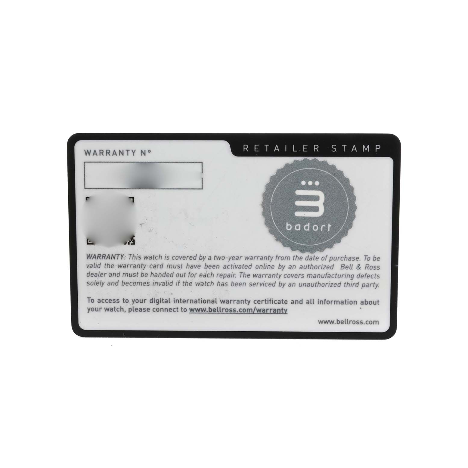 The image shows a warranty card for an Urban model by Bell & Ross, viewed from the front.