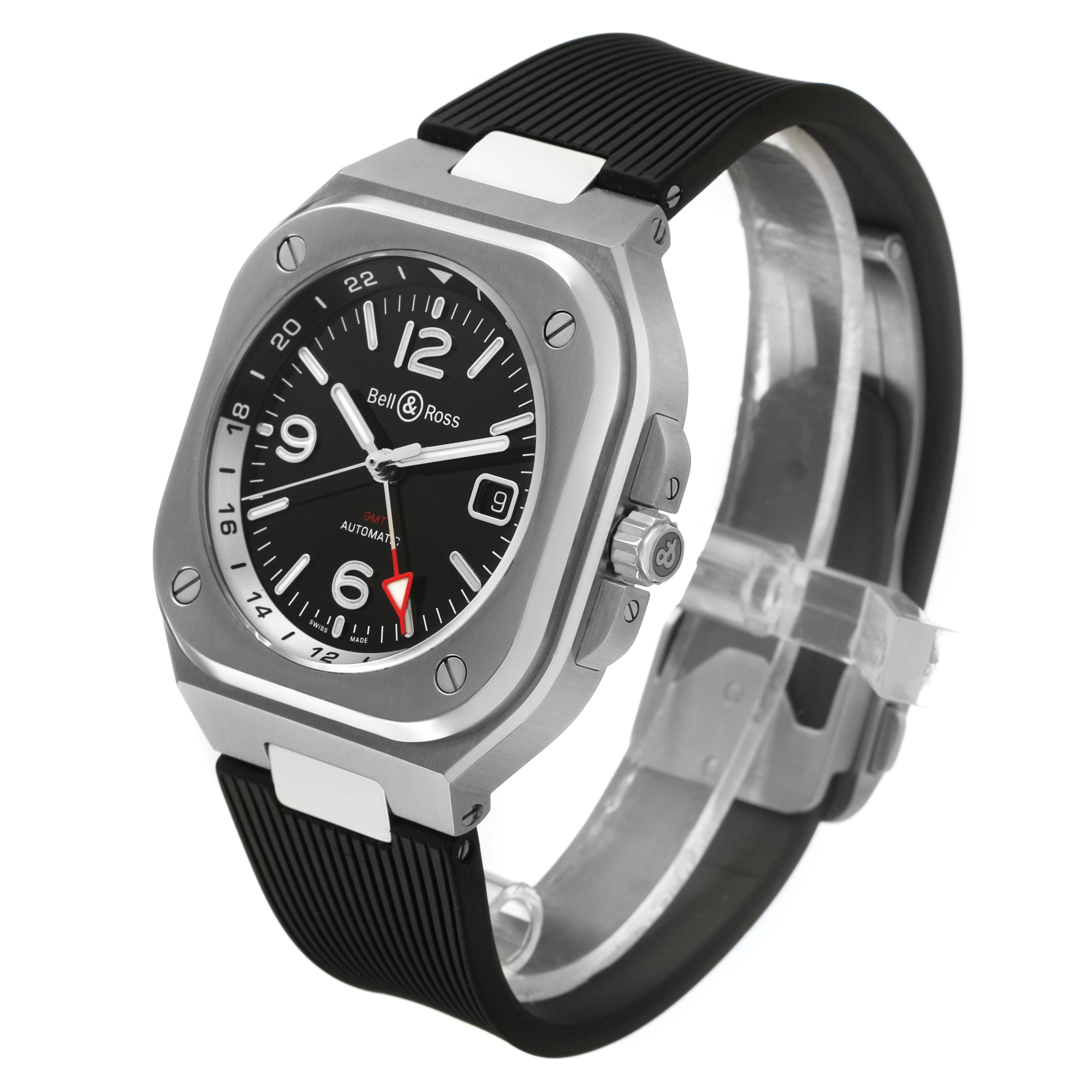 The Bell & Ross Urban BR05G-BL-ST/SRB Men's Stainless Steel Black Dial model watch is shown at an angle displaying the face, case, crown, and black strap.