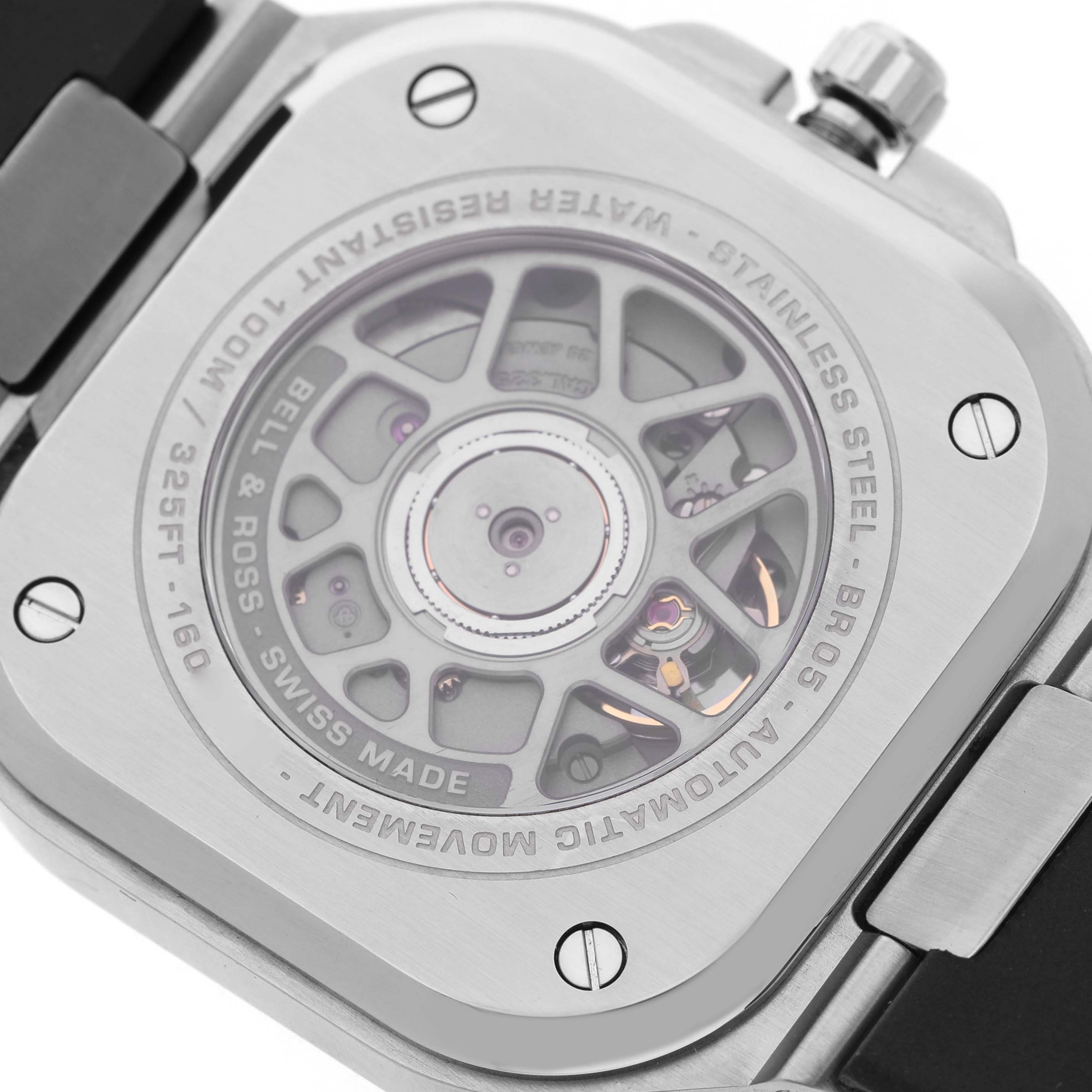 The image shows the back of a Bell & Ross Urban BR05G-BL-ST/SRB Men's Stainless Steel Black Dial model watch featuring the automatic movement and stainless steel case.