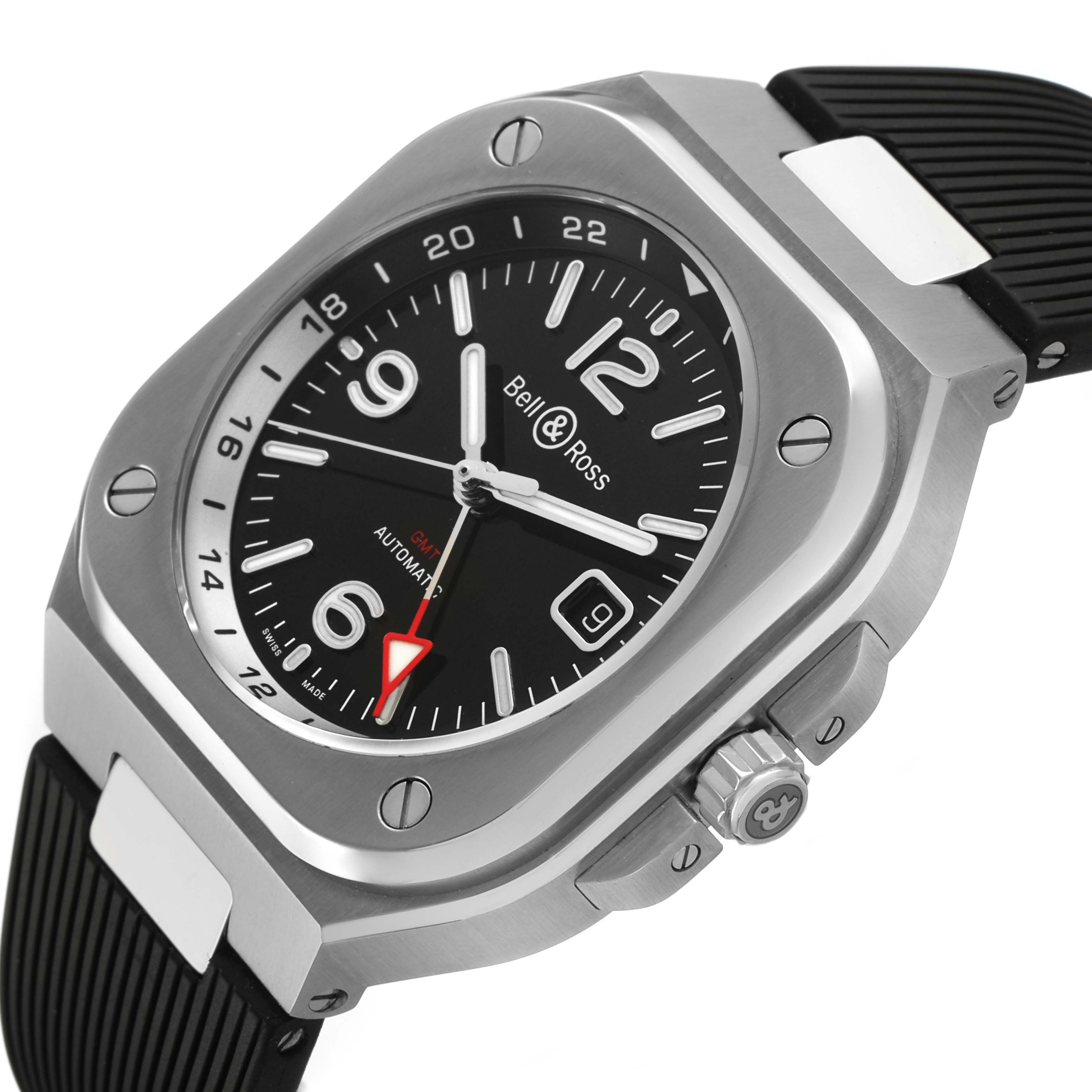 The Bell & Ross Urban BR05G-BL-ST/SRB Men's Stainless Steel Black Dial model is shown at an angle highlighting its black dial, crown, and strap attachment.