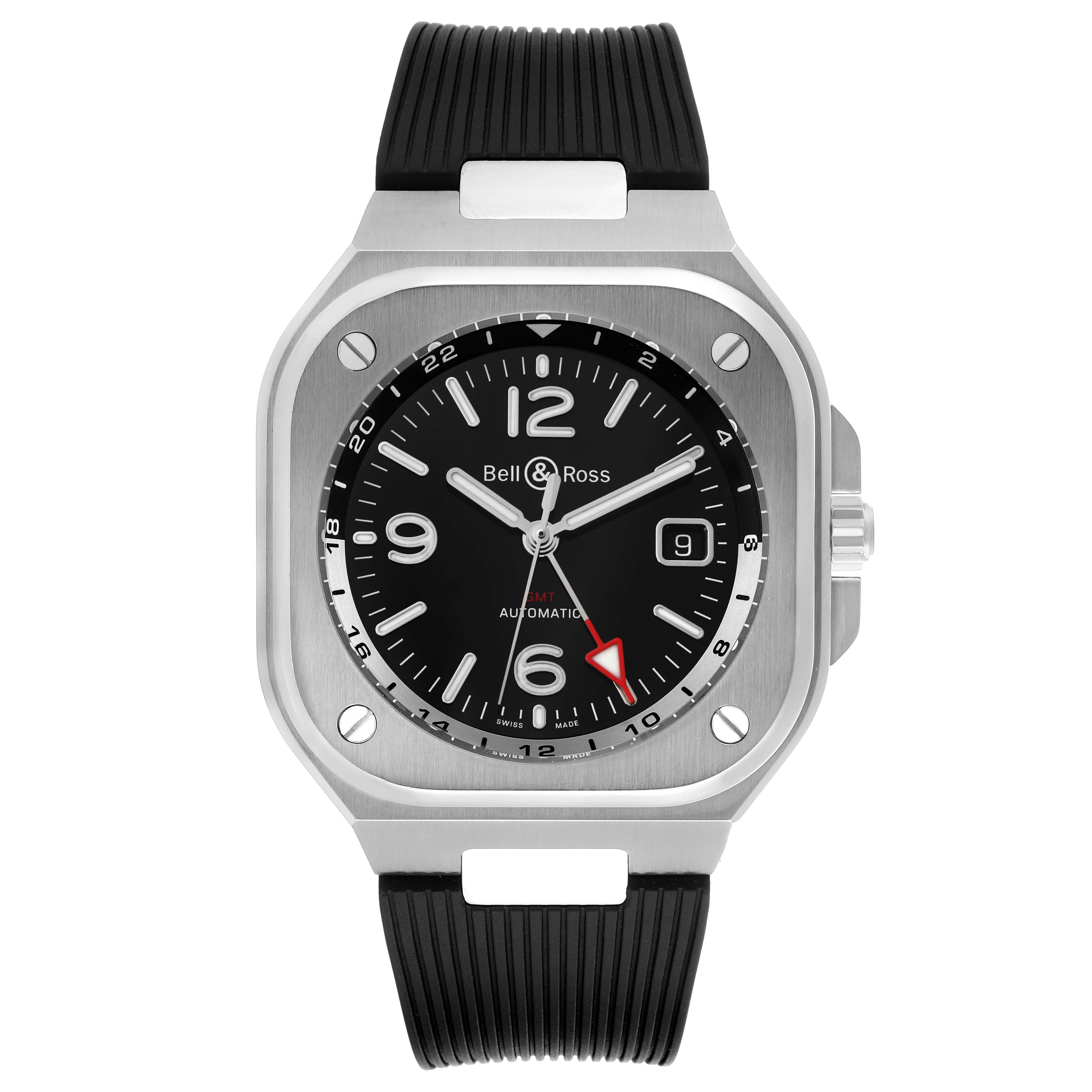 The Bell & Ross Urban BR05G-BL-ST/SRB Men's Stainless Steel Black Dial model is shown from a front angle, featuring its black dial, case, and strap.