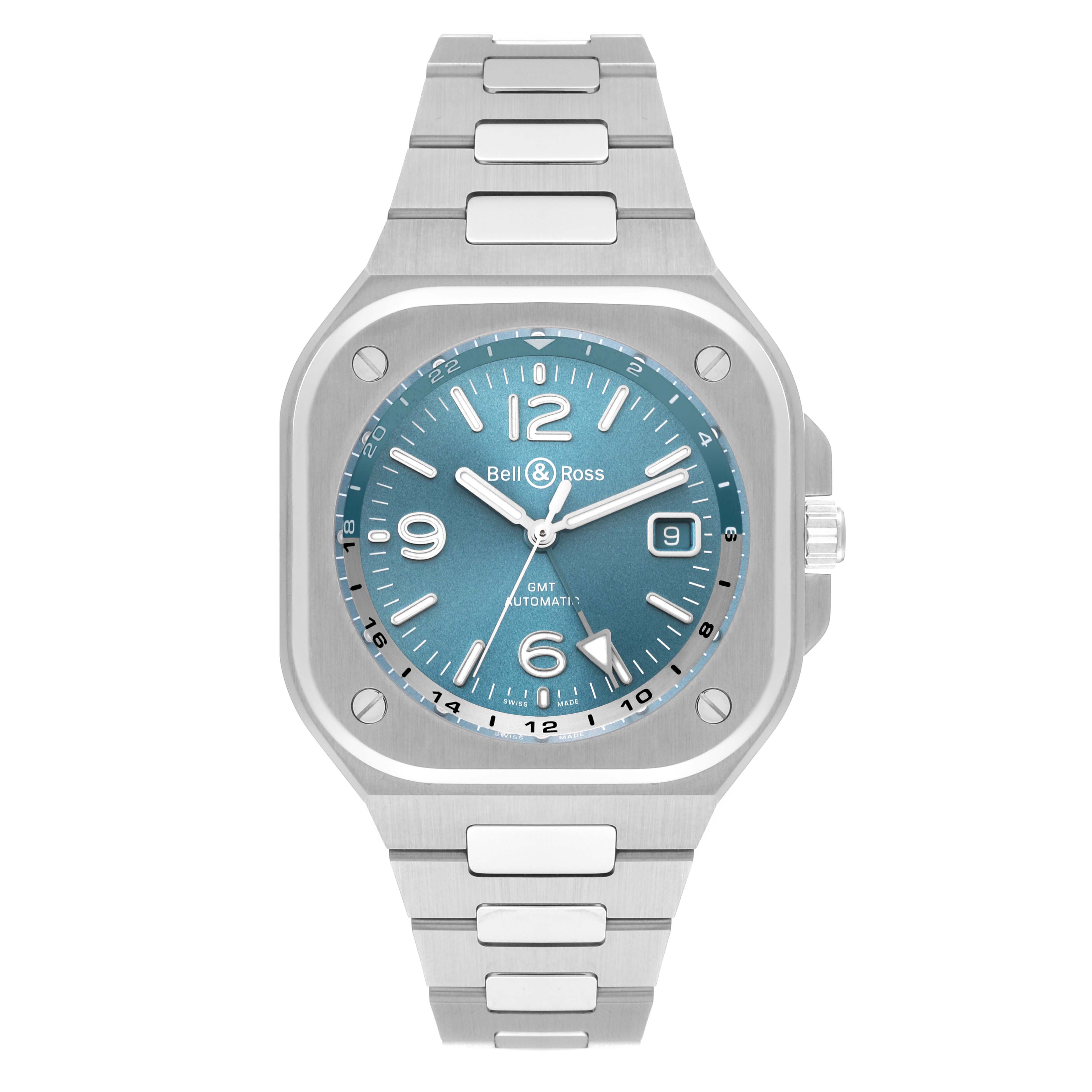 The image shows a front view of a Bell 
Ross Chronograph watch with a blue dial and a stainless steel band.