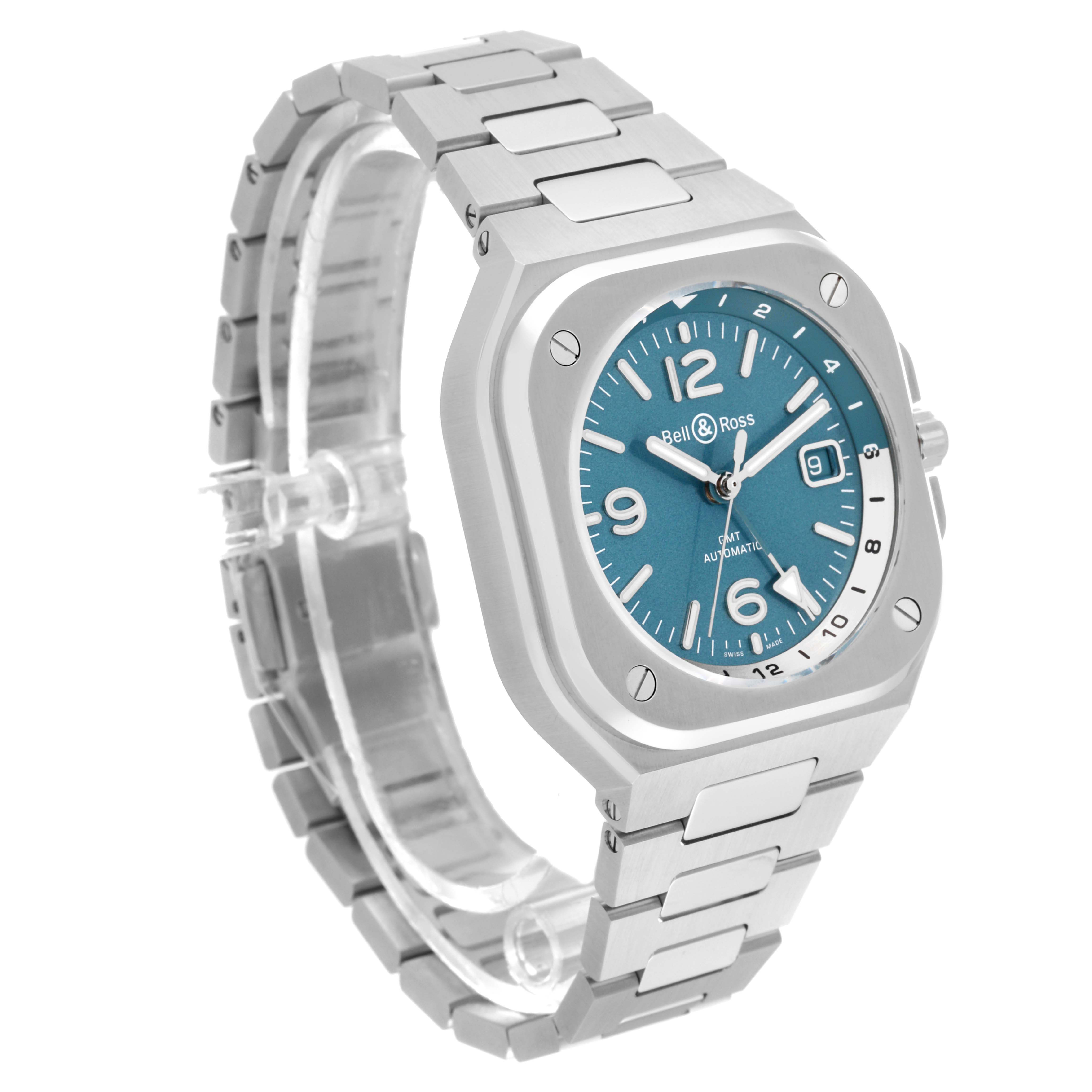 The image shows a three-quarter angle of the Bell 
Ross Chronograph model watch, highlighting its face, dial, and stainless steel bracelet.