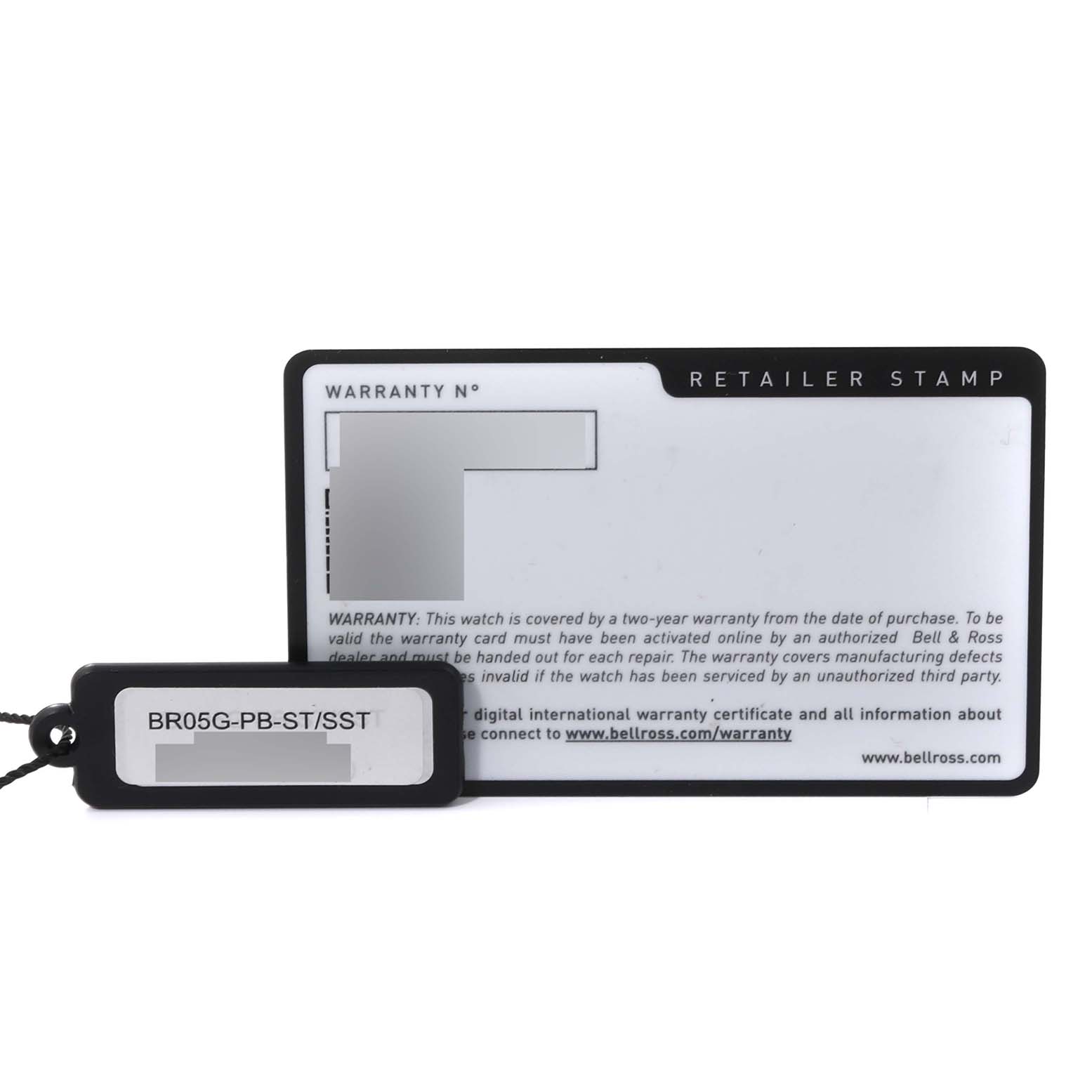 This image shows the warranty card and a tag for the Bell 
Ross BR05G-PB-ST/SST Chronograph watch.