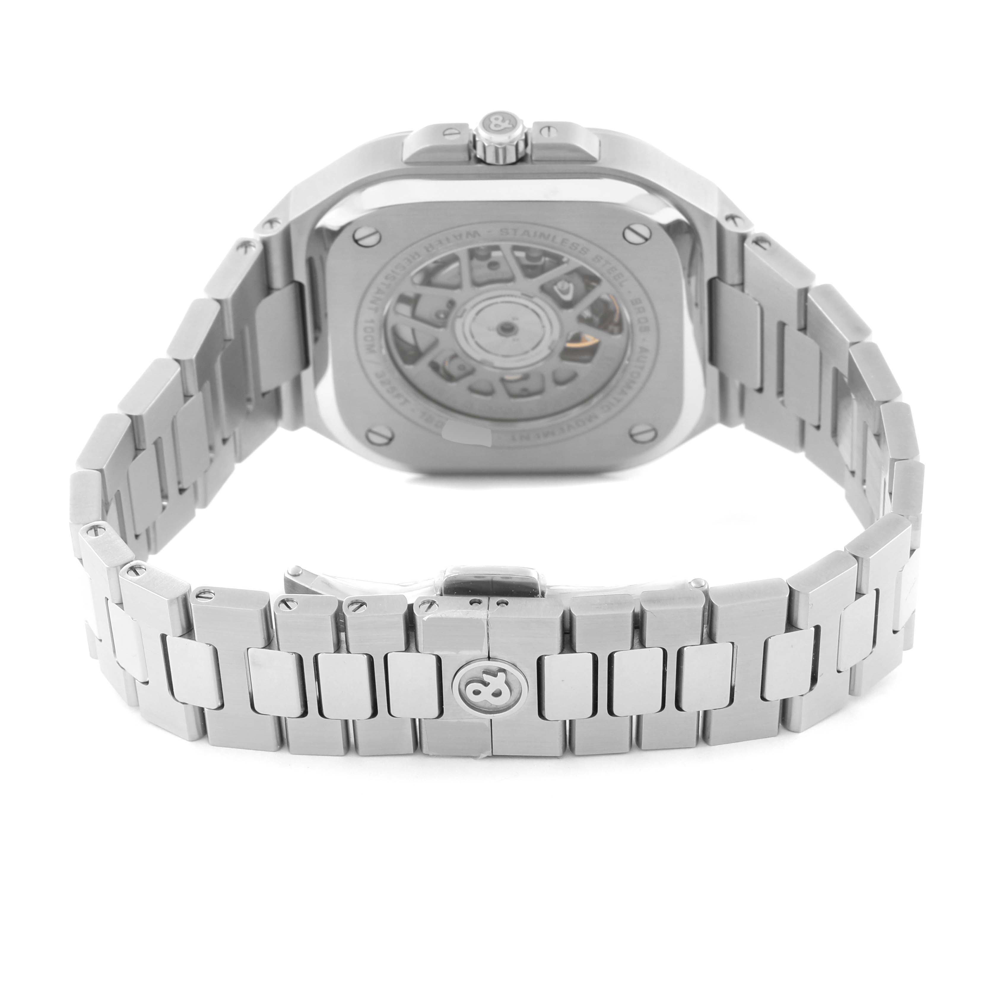 The image shows the back view of a Bell 
Ross Chronograph watch, highlighting the case back and the metal bracelet.