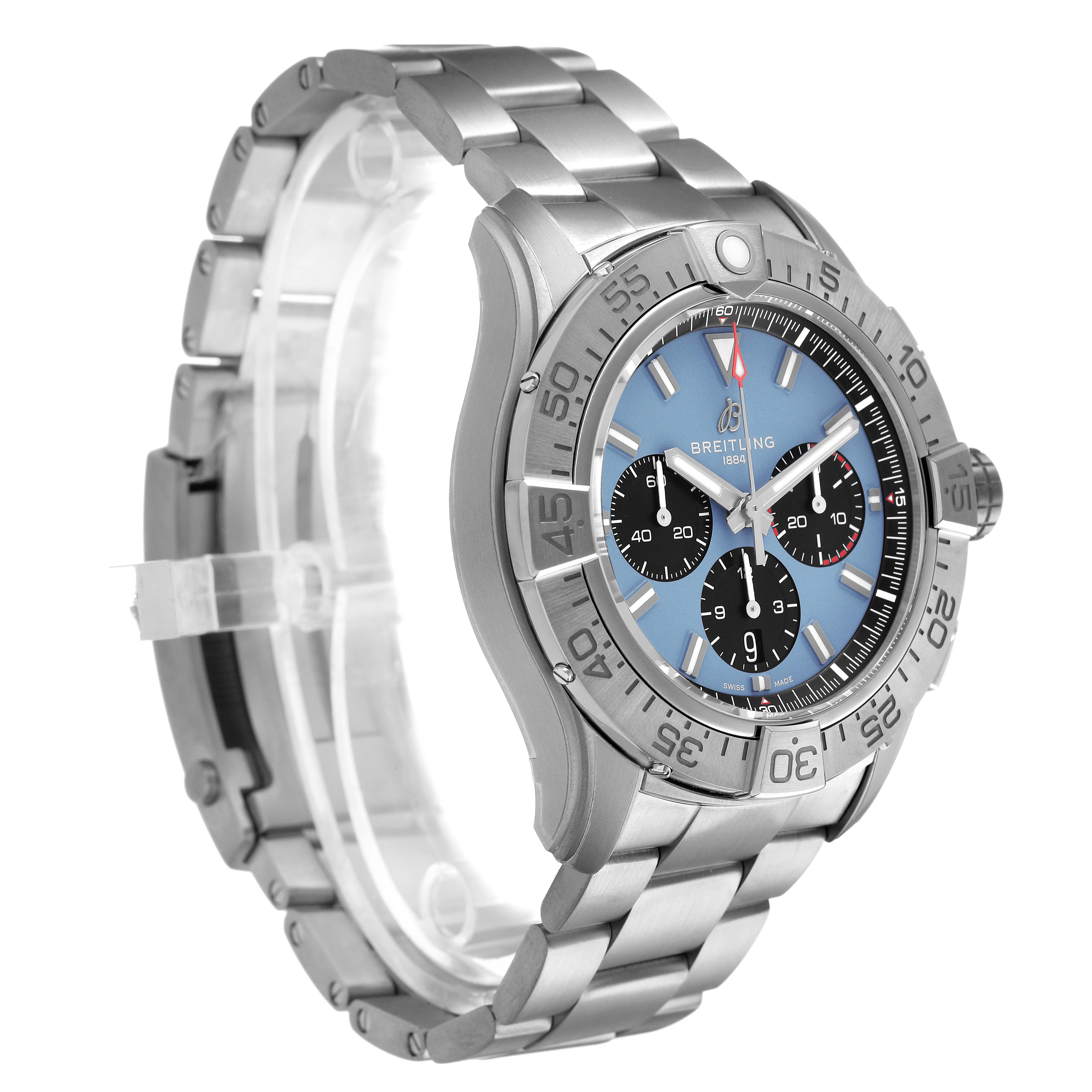The Breitling Avenger EB0148101C1E1 Men's Titanium Blue Dial watch is shown at a slight angle displaying the dial, bezel, and bracelet.