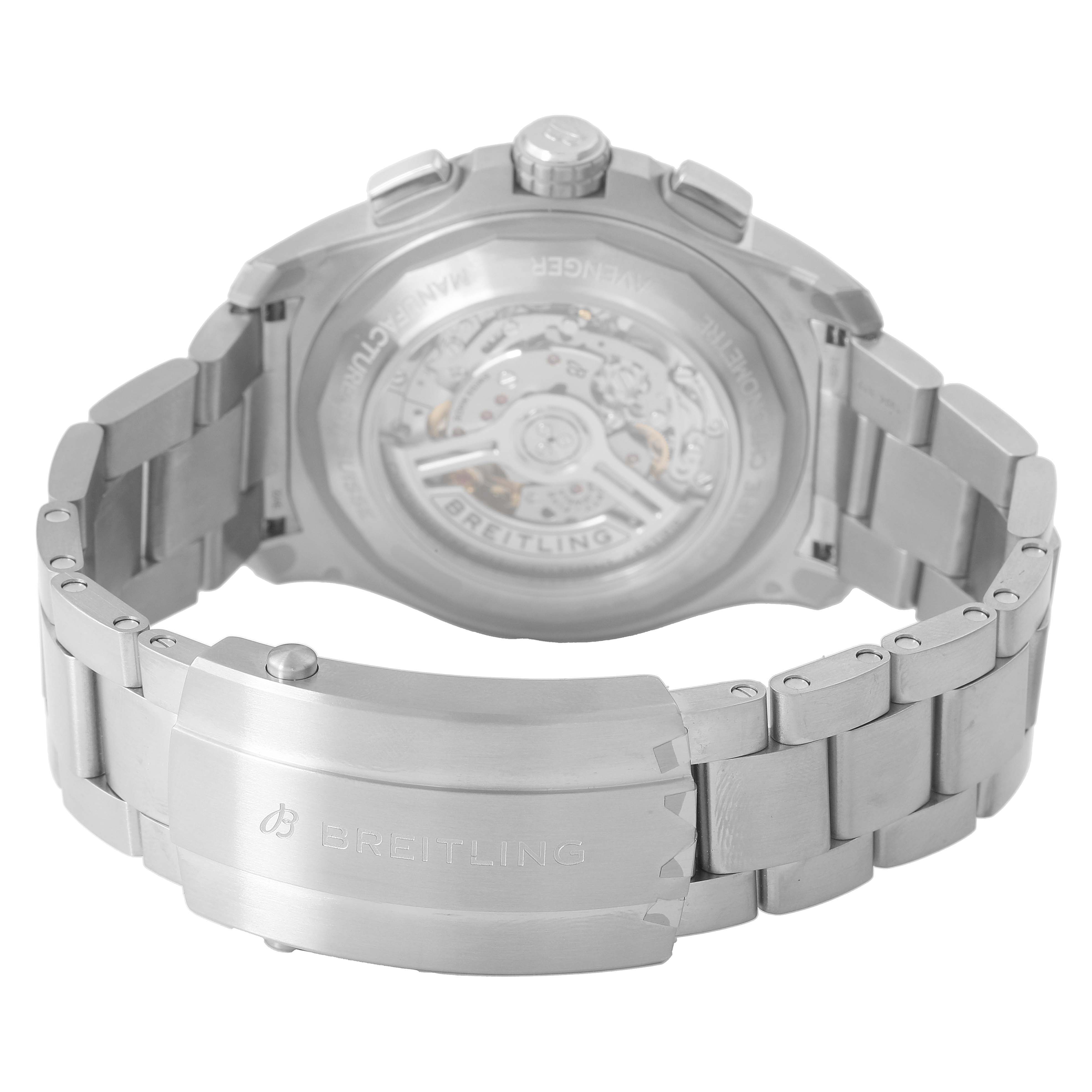 The image shows the back of a Breitling Avenger EB0148101C1E1 Men's Titanium Blue Dial watch with its exhibition case back and metal bracelet clasp.