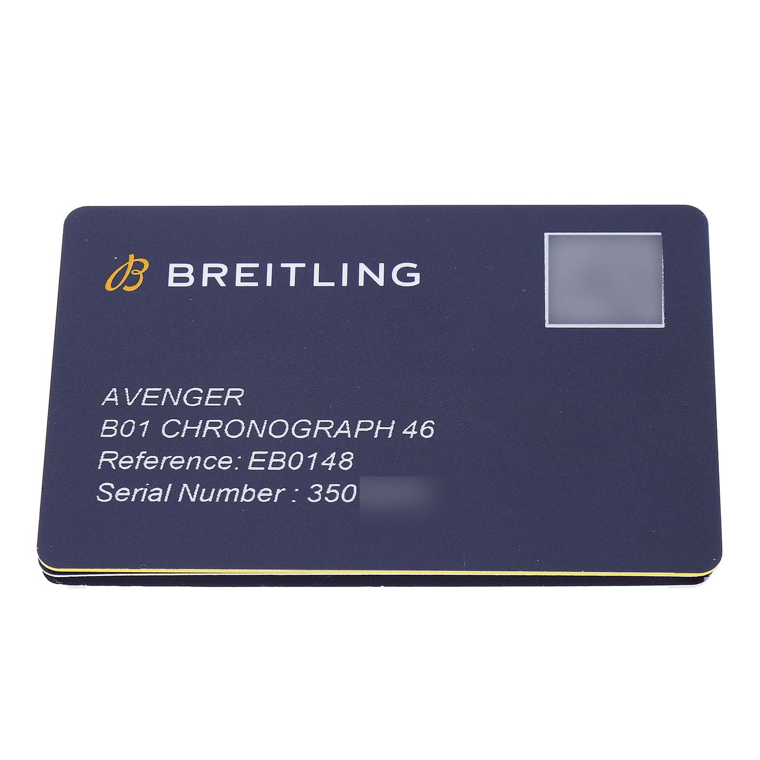 The image shows a warranty card for the Breitling Avenger EB0148101C1E1 Men's Titanium Blue Dial B01 Chronograph 46 watch, displaying reference and serial numbers.