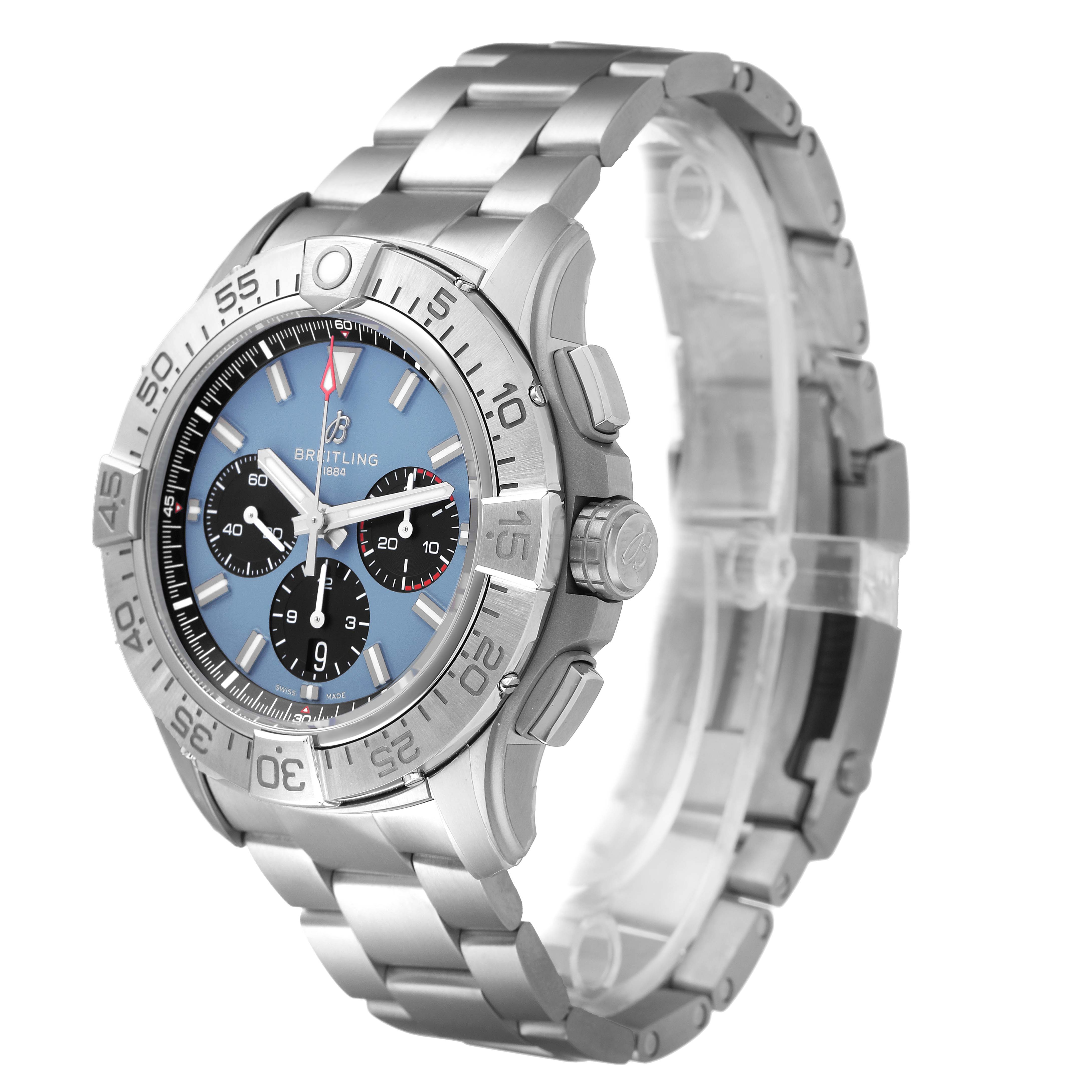 The image shows a Breitling Avenger EB0148101C1E1 Men's Titanium Blue Dial watch at a three-quarter angle, highlighting its bezel, blue dial, subdials, and steel bracelet.