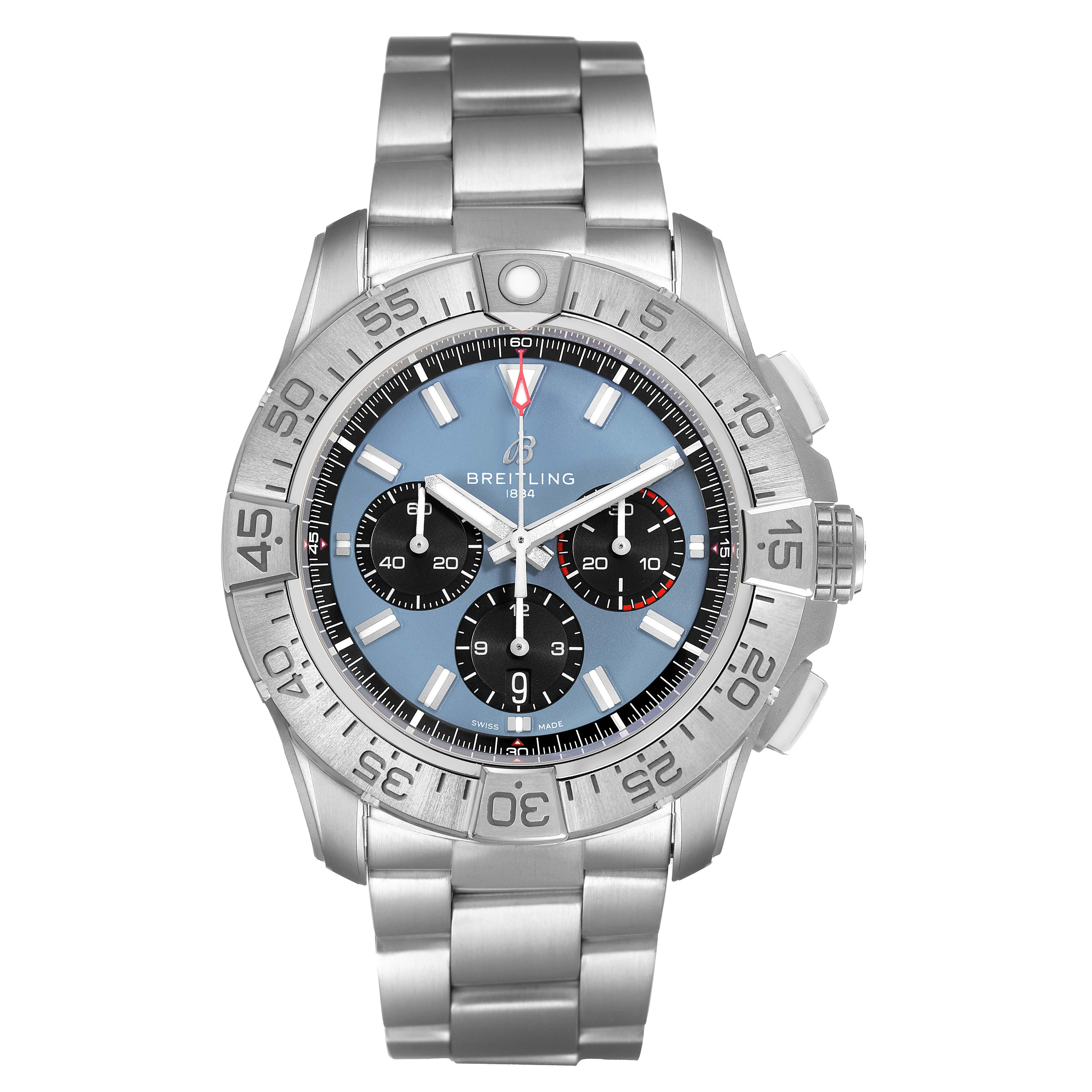The Breitling Avenger EB0148101C1E1 Men's Titanium Blue Dial watch is shown from a front angle, displaying its bezel, dial, subdials, and metal bracelet.