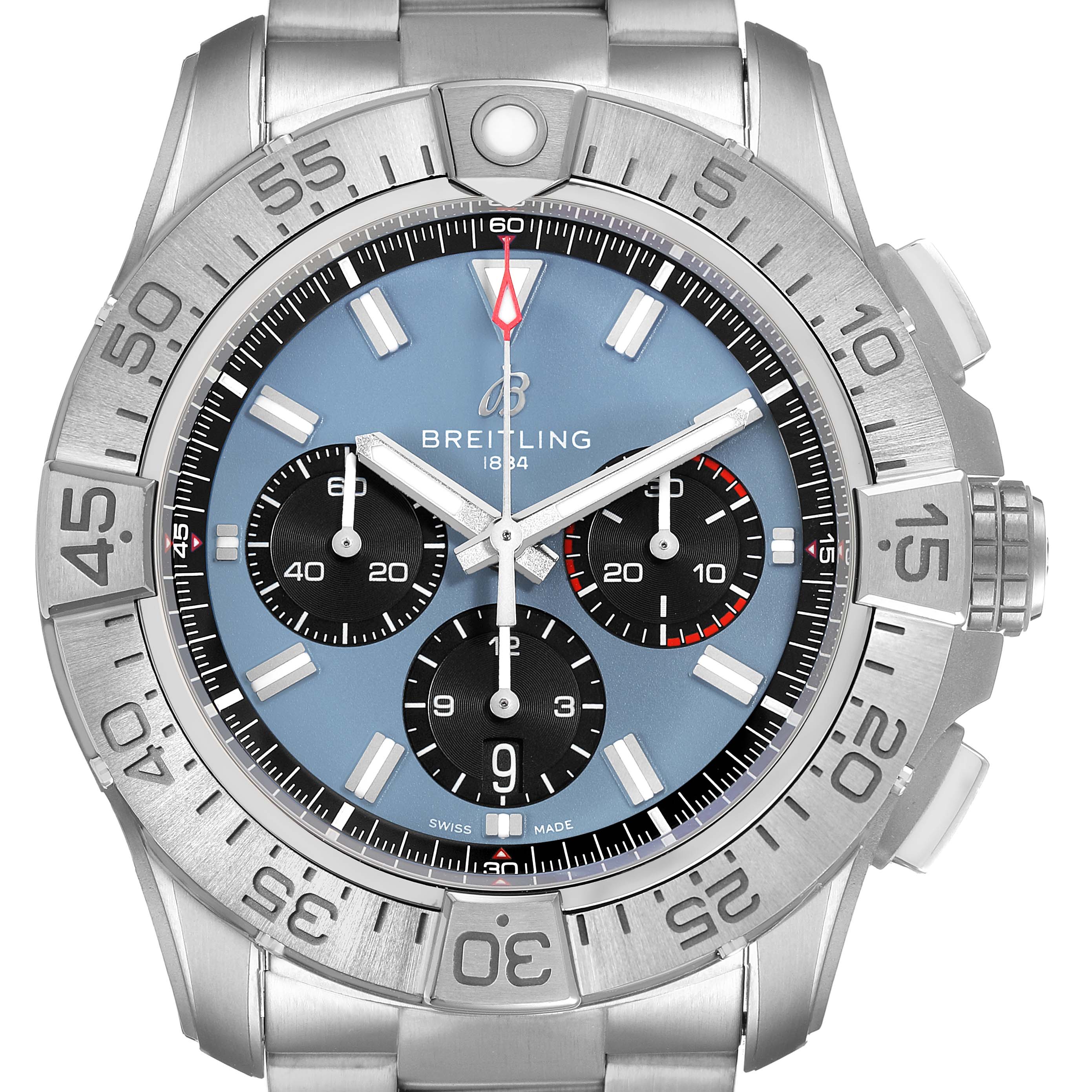 The Breitling Avenger EB0148101C1E1 Men's Titanium Blue Dial watch is shown from the front, highlighting the bezel, dial, subdials, and bracelet.