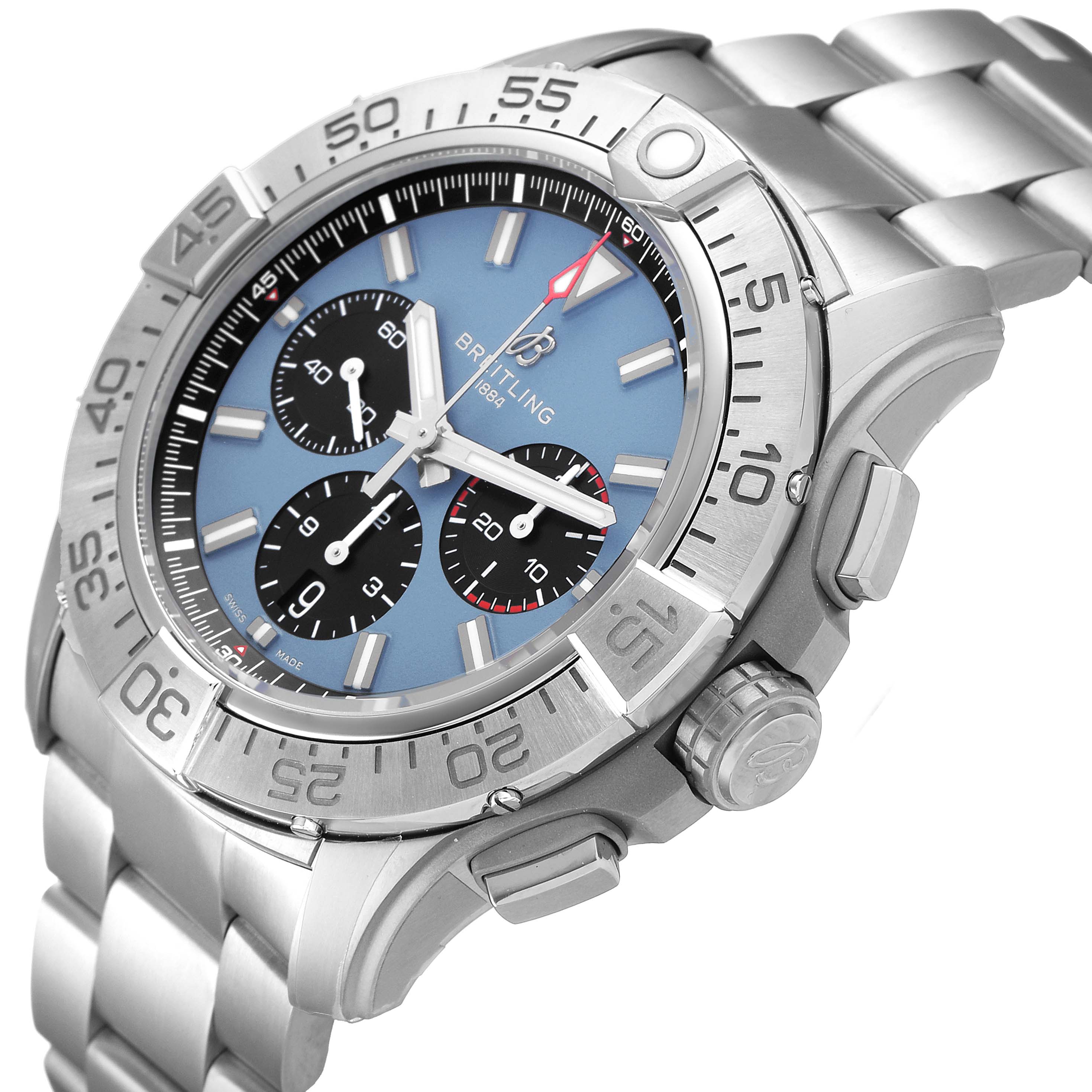 The Breitling Avenger EB0148101C1E1 Men's Titanium Blue Dial watch is shown at a three-quarter angle, highlighting the face, bezel, and band details.