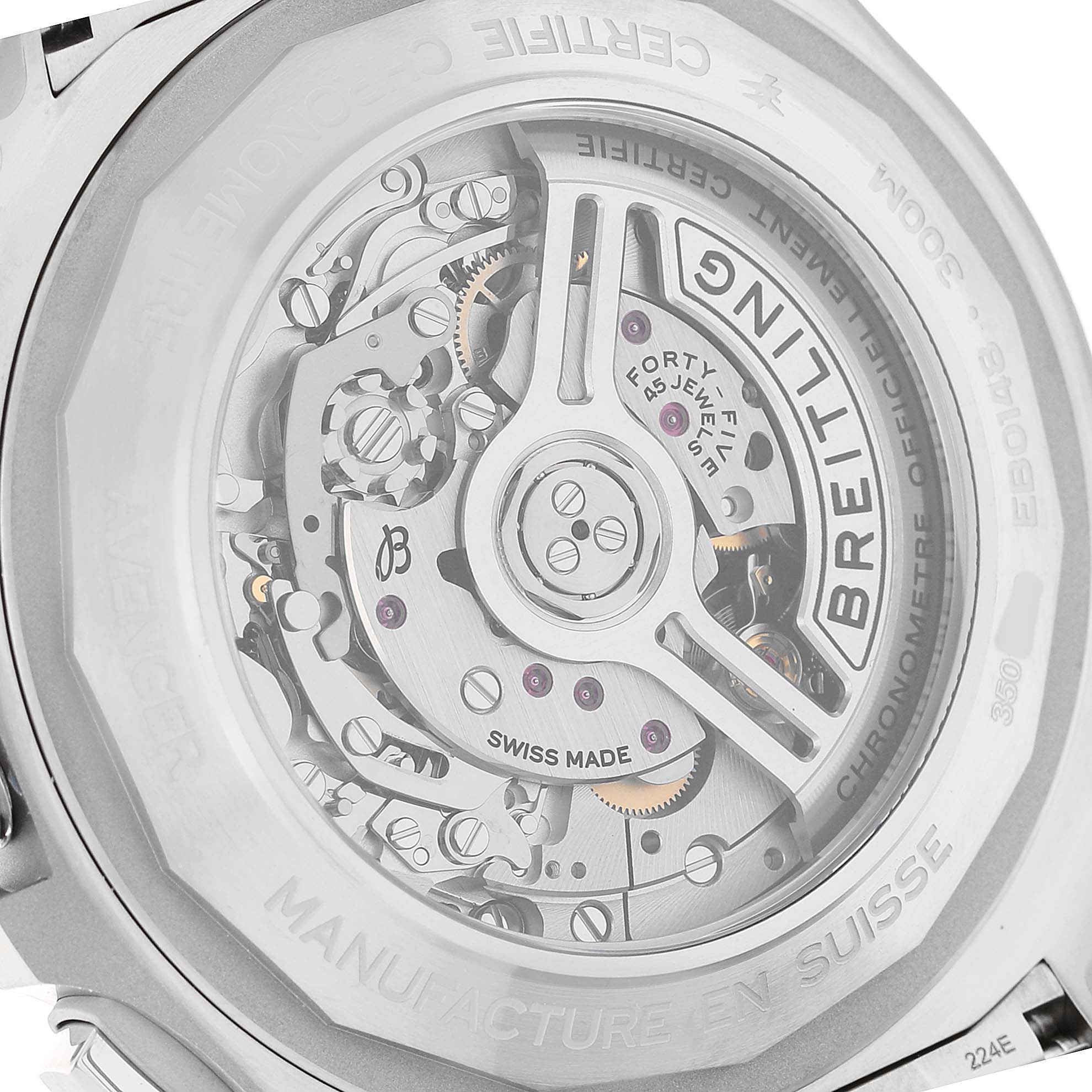 The image shows the back of a Breitling Avenger EB0148101C1E1 Men's Titanium Blue Dial watch, highlighting its automatic movement and "Swiss Made" marking.